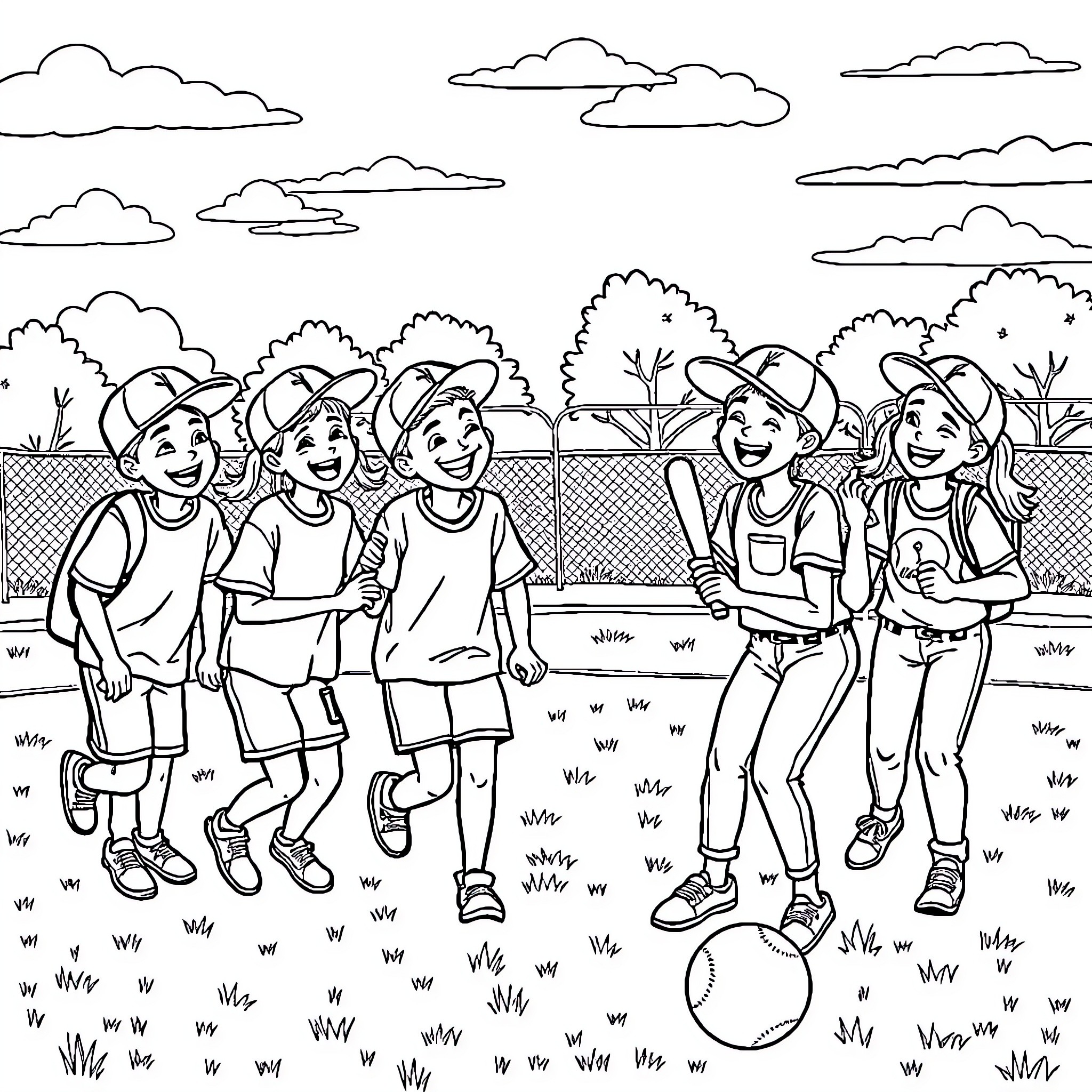Students playing joyfully in the schoolyard Coloring Page (free black-and-white line drawing printable PDF for all, from beginners to advanced learners, including children, teens, adults, and seniors)