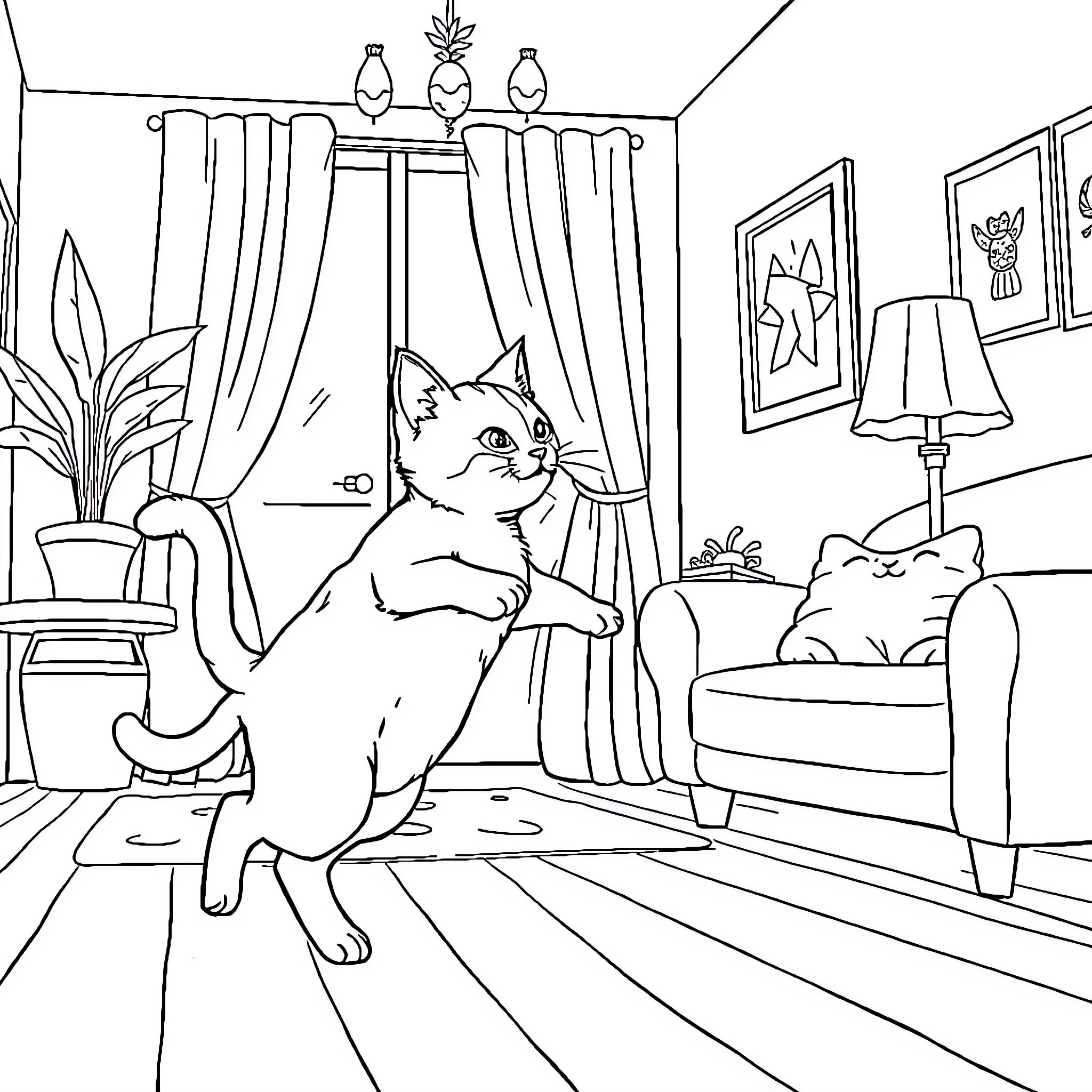 Gato relaxing in cozy indoor setting Coloring Page (free black-and-white line drawing printable PDF for all, from beginners to advanced learners, including children, teens, adults, and seniors)
