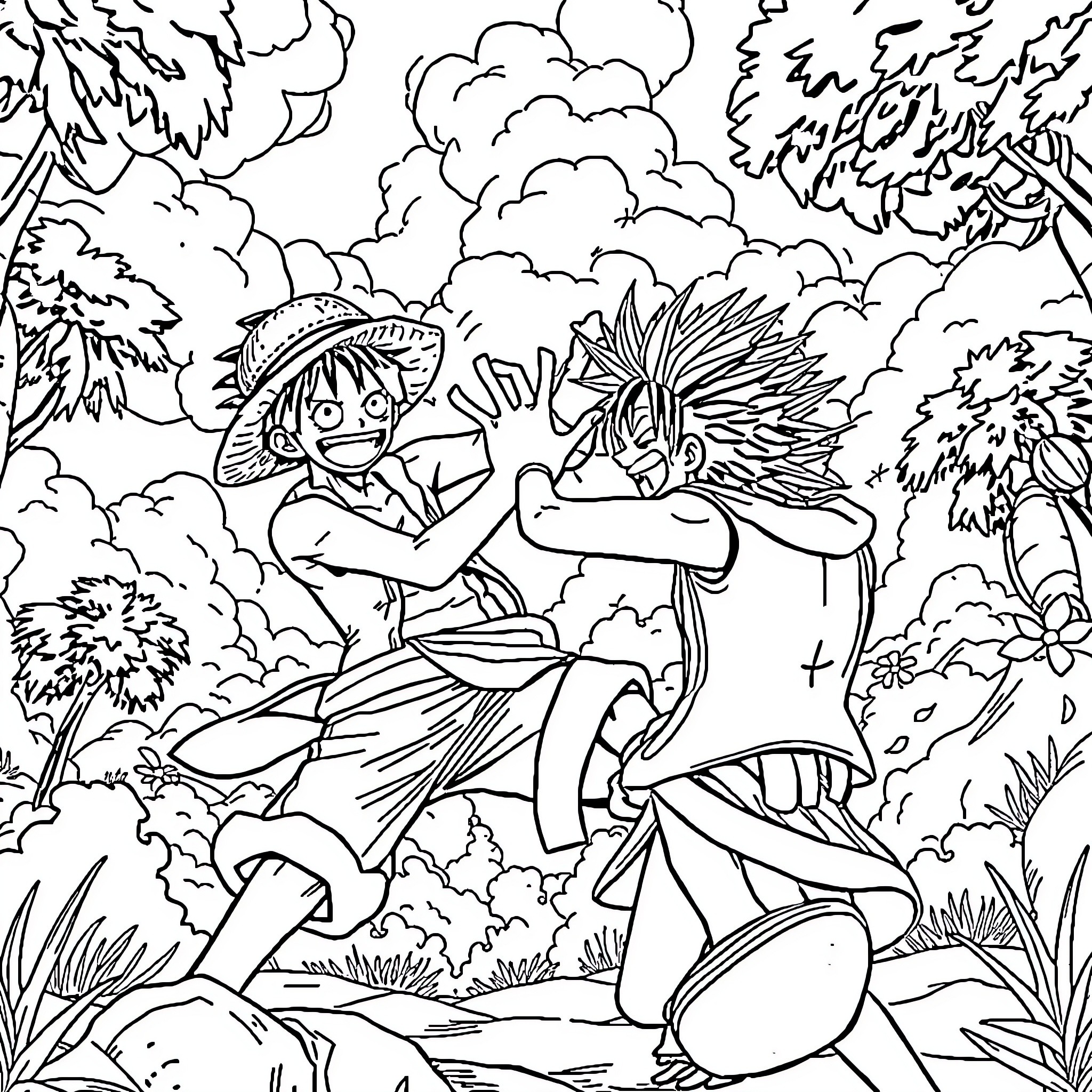 Luffy's Adventurous Encounter in the Vibrant Forest Coloring Page (free black-and-white line drawing printable PDF for all, from beginners to advanced learners, including children, teens, adults, and seniors)