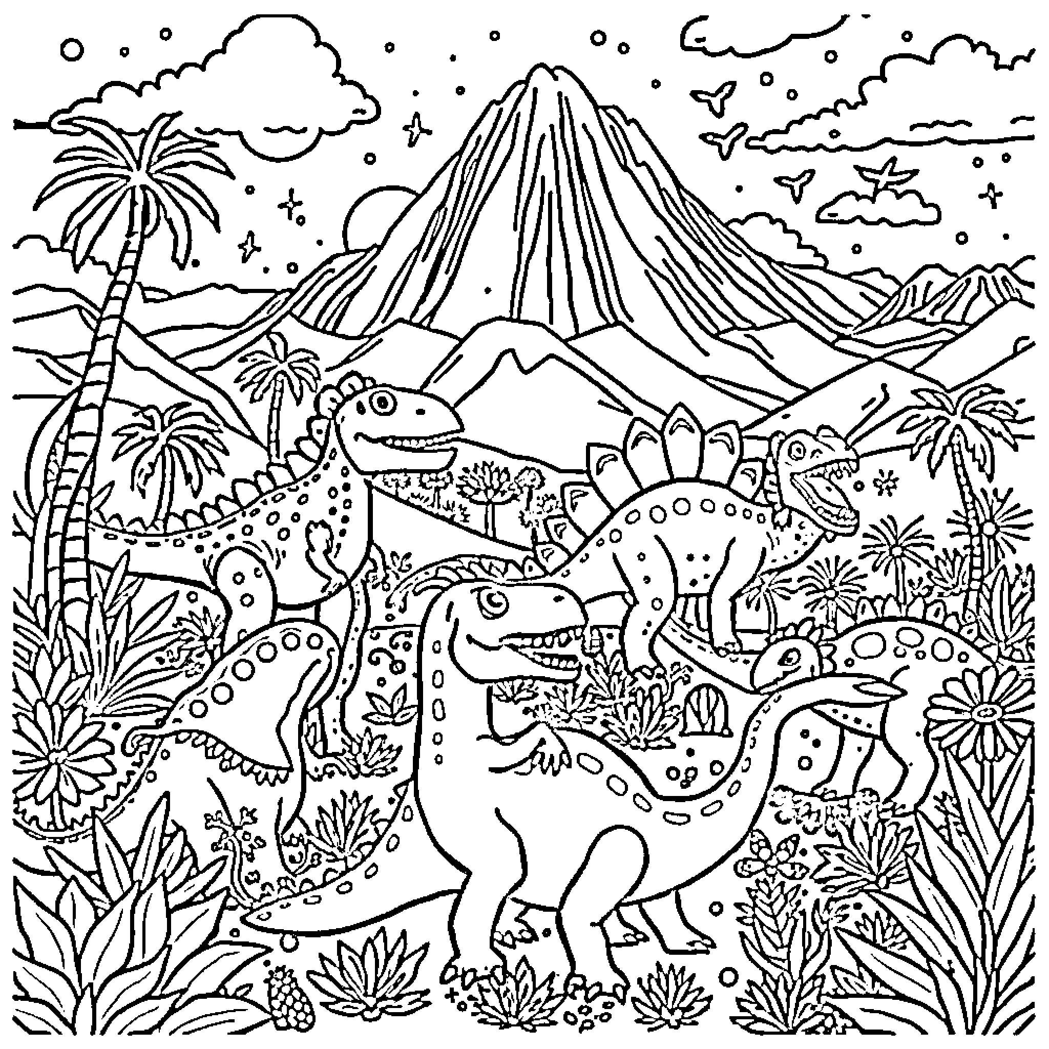 Dinosaur Exploration in Prehistoric Landscape Coloring Page (free black-and-white line drawing printable PDF for all, from beginners to advanced learners, including children, teens, adults, and seniors)