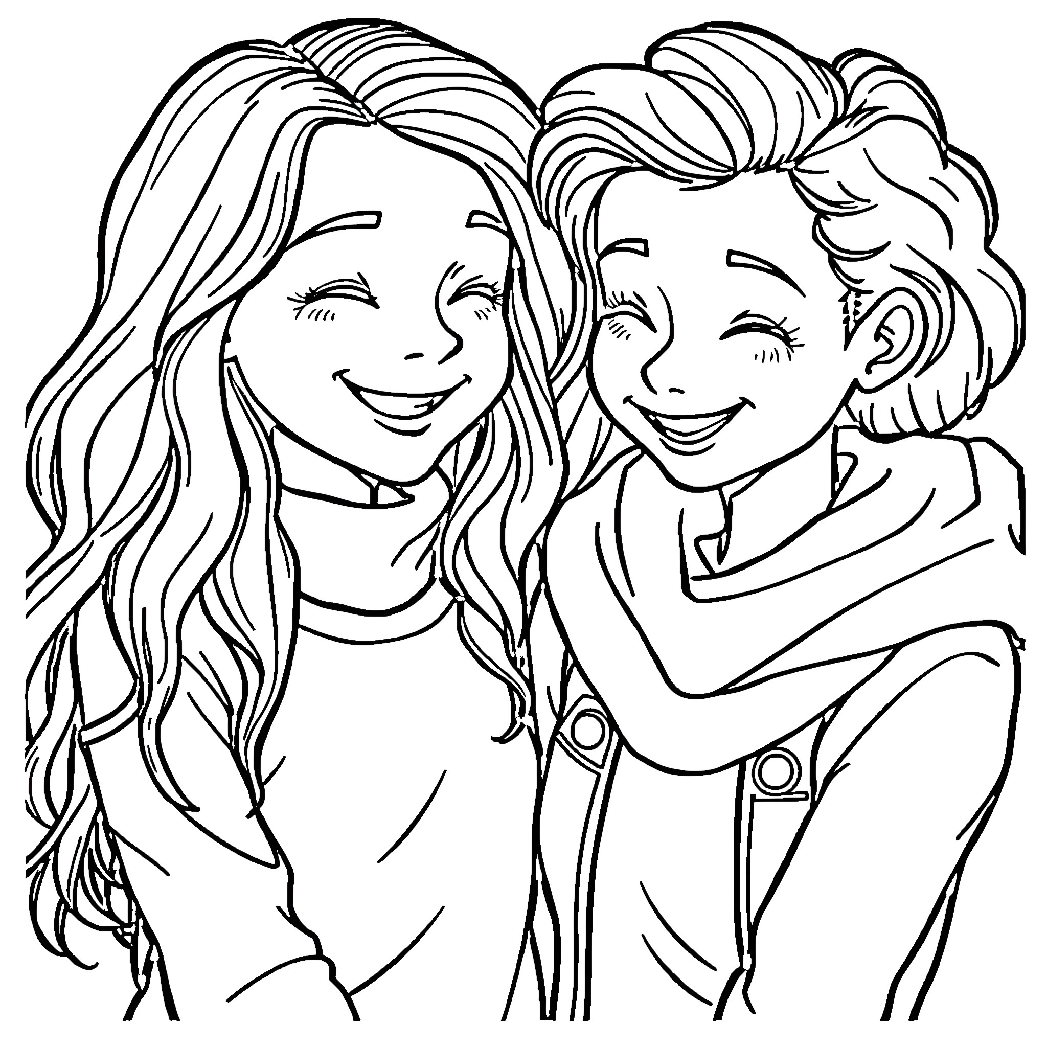 Friendship between smiling companions Coloring Page (free black-and-white line drawing printable PDF for all, from beginners to advanced learners, including children, teens, adults, and seniors)