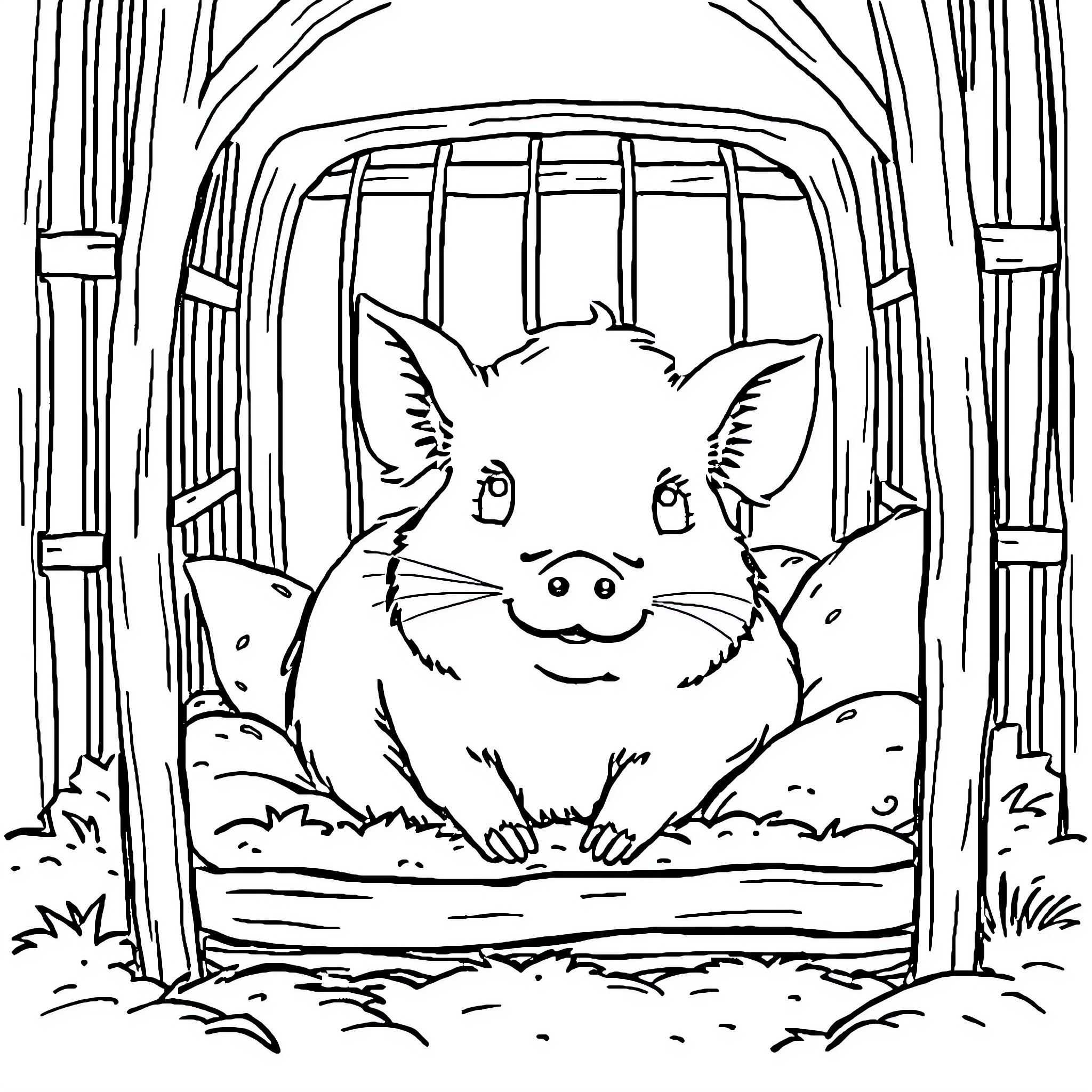 Guinea Pig Peering Curiously from Cage Coloring Page (free black-and-white line drawing printable PDF for all, from beginners to advanced learners, including children, teens, adults, and seniors)