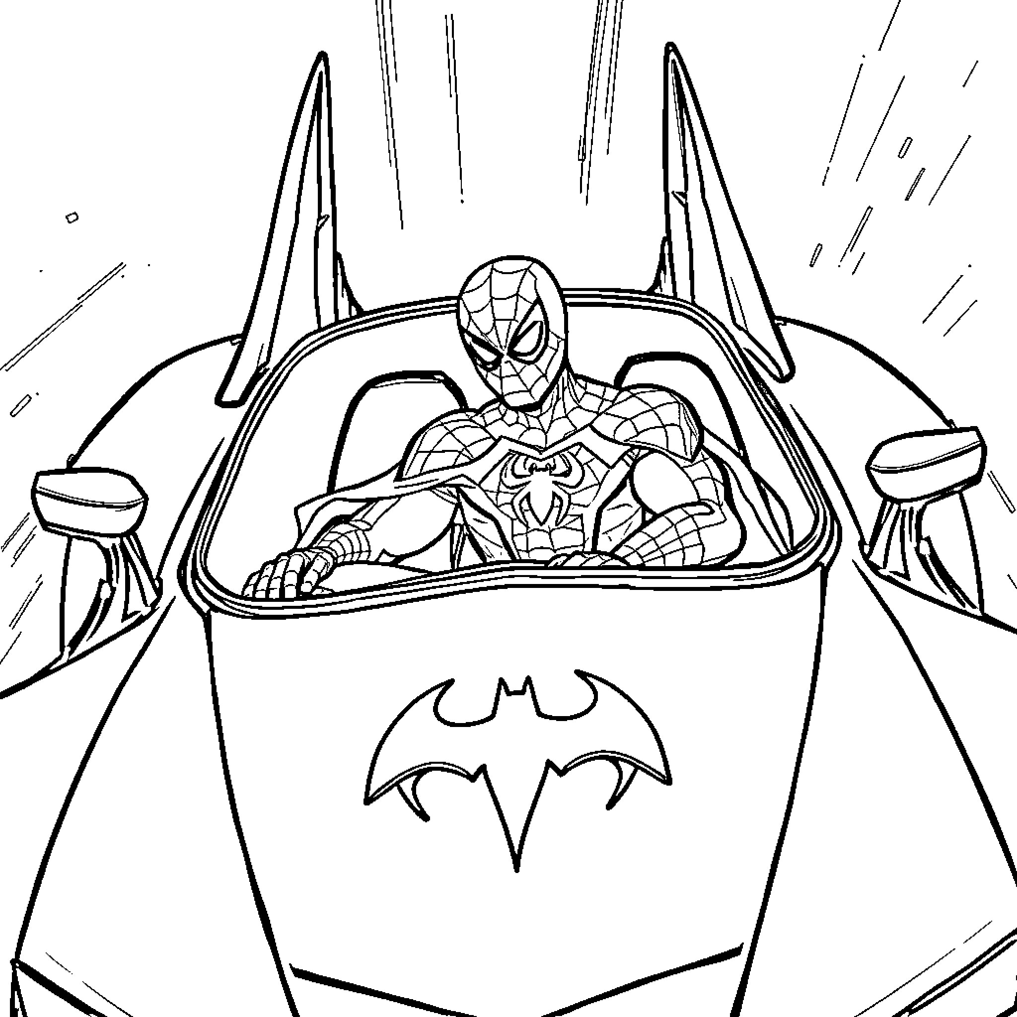 Spiderman driving the Batmobile with excitement Coloring Page (free black-and-white line drawing printable PDF for all, from beginners to advanced learners, including children, teens, adults, and seniors)