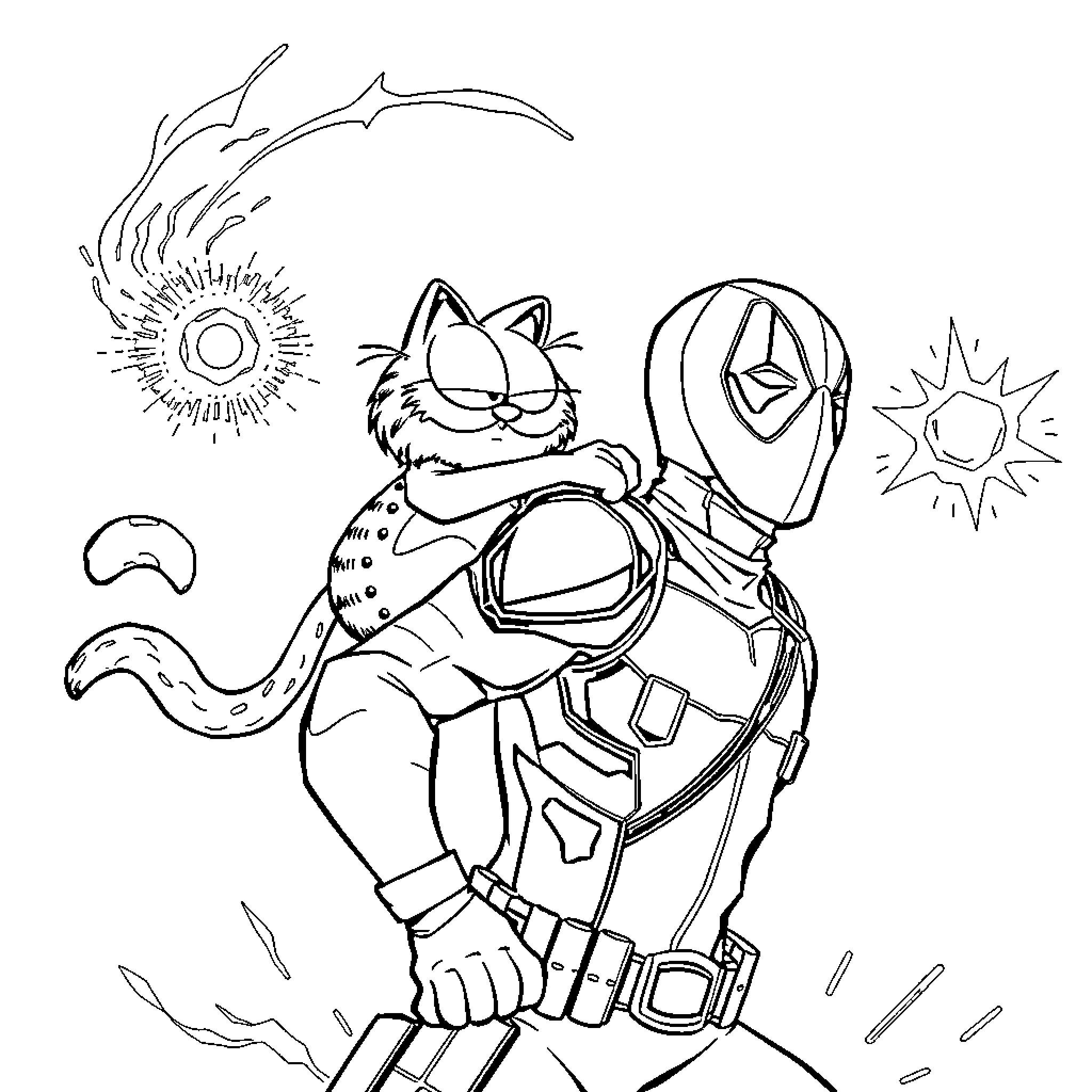 Garfield in Futuristic Warrior Gear Coloring Page (free black-and-white line drawing printable PDF for all, from beginners to advanced learners, including children, teens, adults, and seniors)