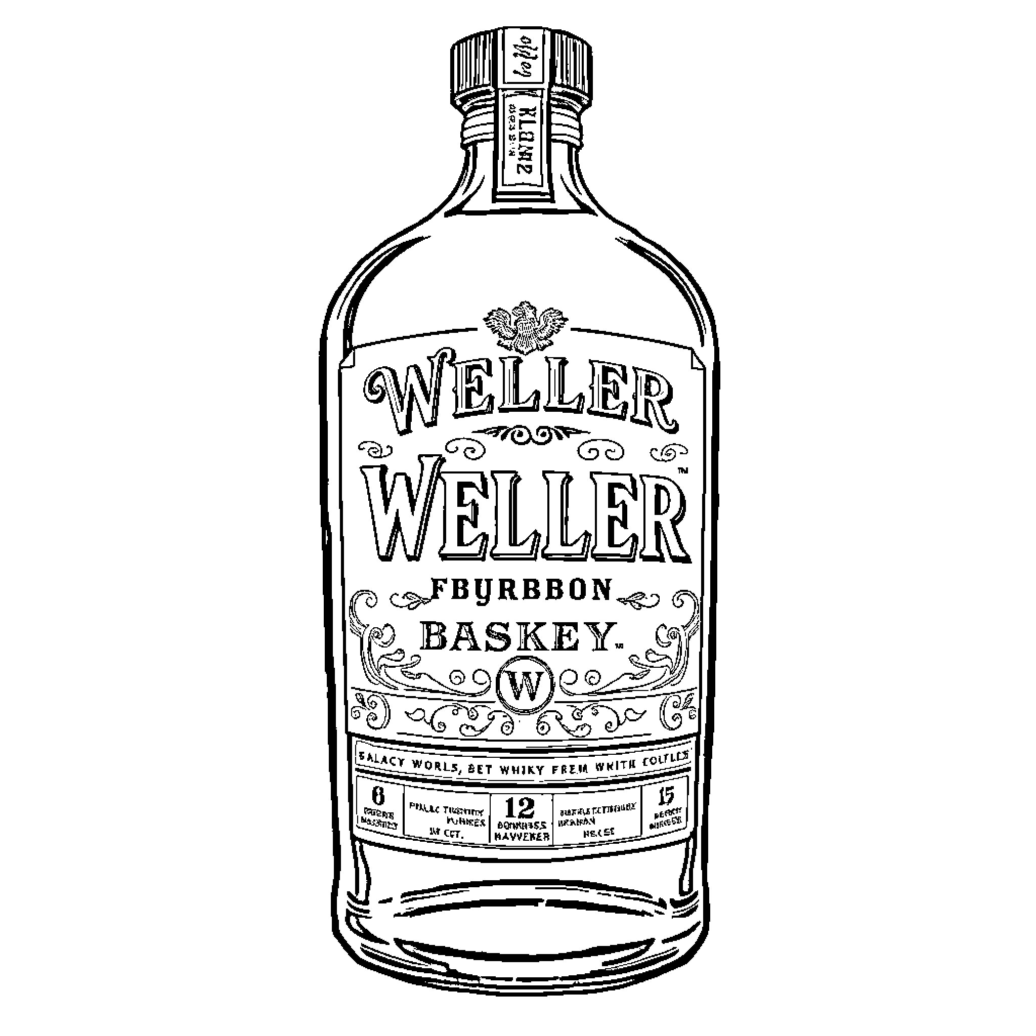 Bourbon bottle with ornate label design Coloring Page (free black-and-white line drawing printable PDF for all, from beginners to advanced learners, including children, teens, adults, and seniors)