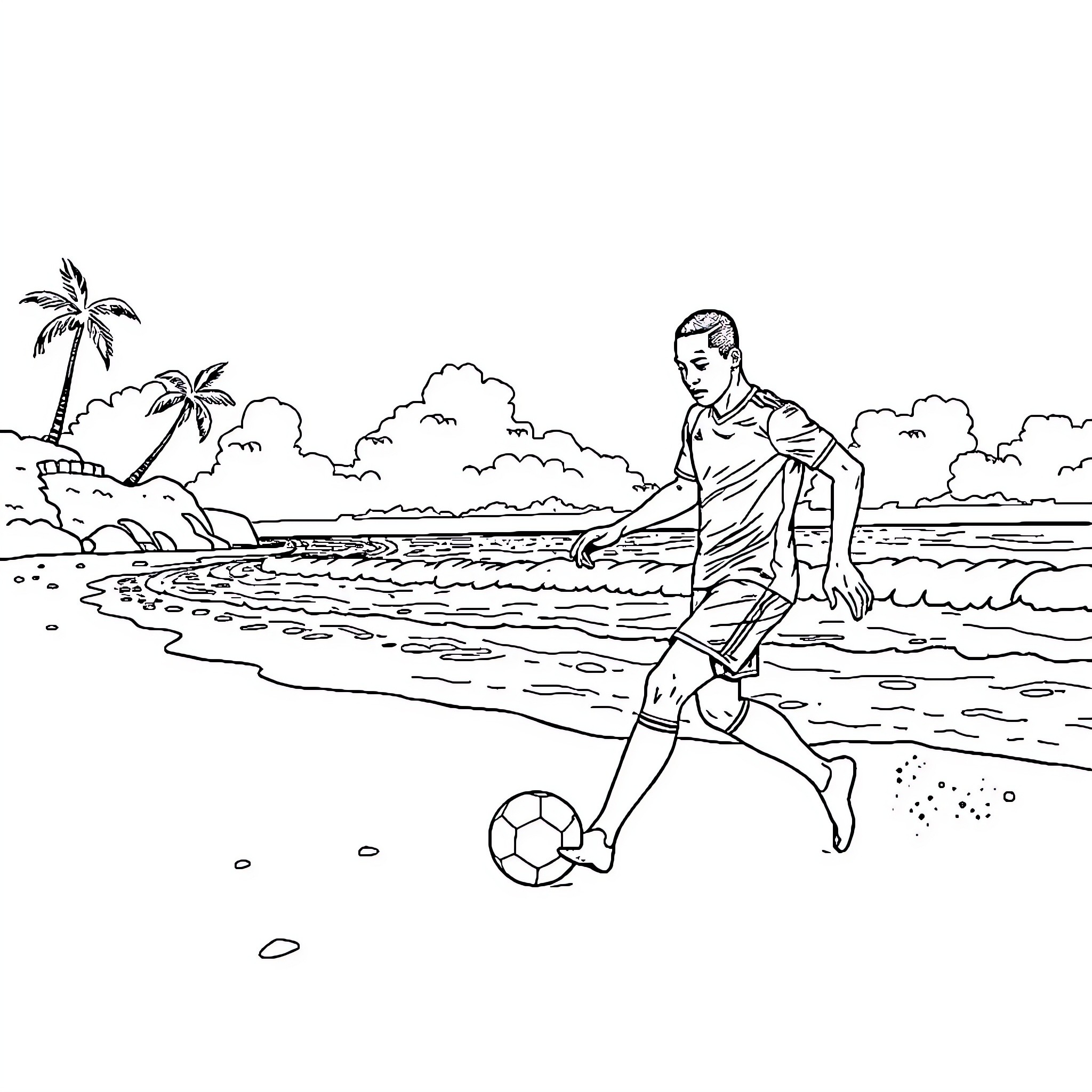Mbappe playing soccer on a tropical beach Coloring Page (free black-and-white line drawing printable PDF for all, from beginners to advanced learners, including children, teens, adults, and seniors)