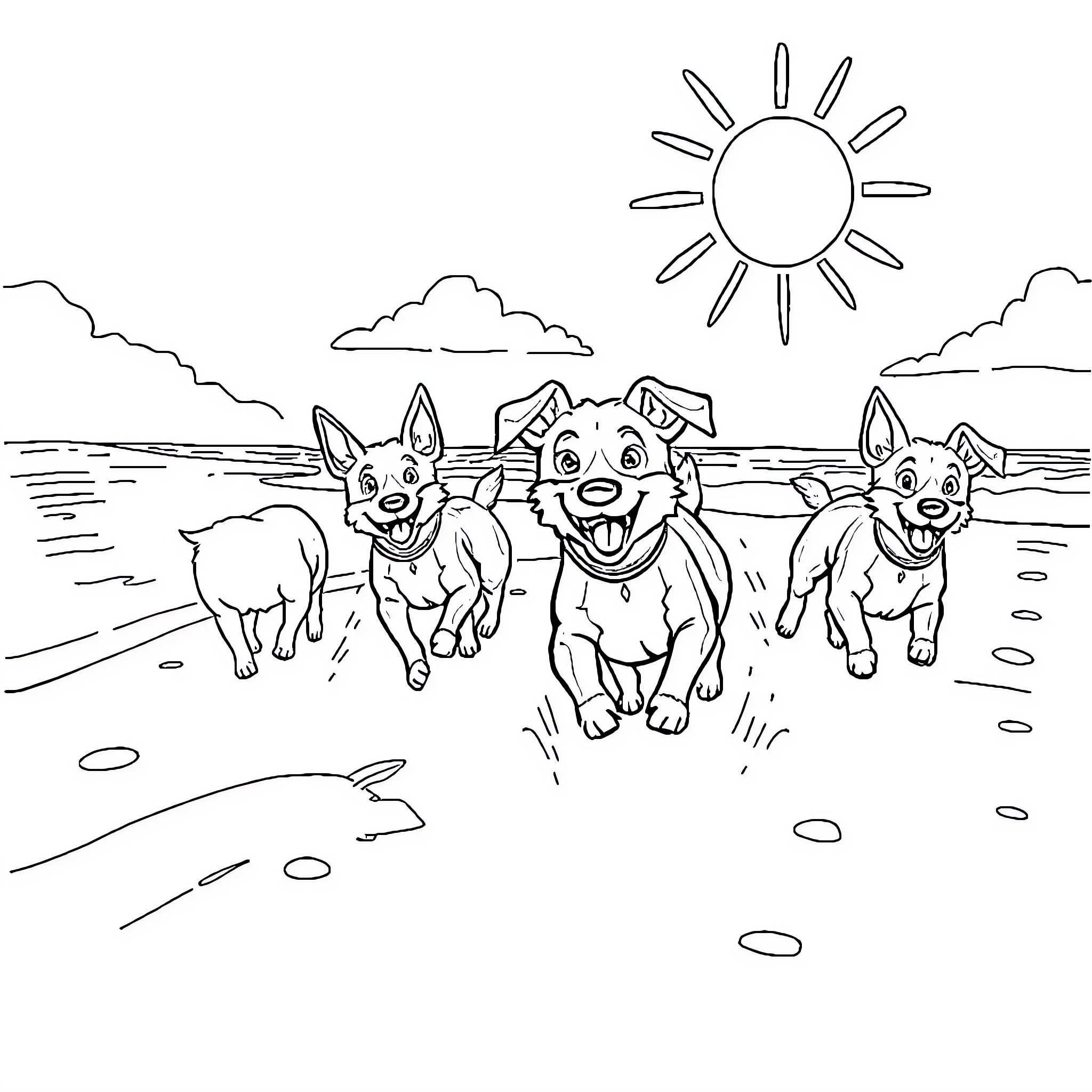 Dogs running happily on the beach Coloring Page (free black-and-white line drawing printable PDF for all, from beginners to advanced learners, including children, teens, adults, and seniors)