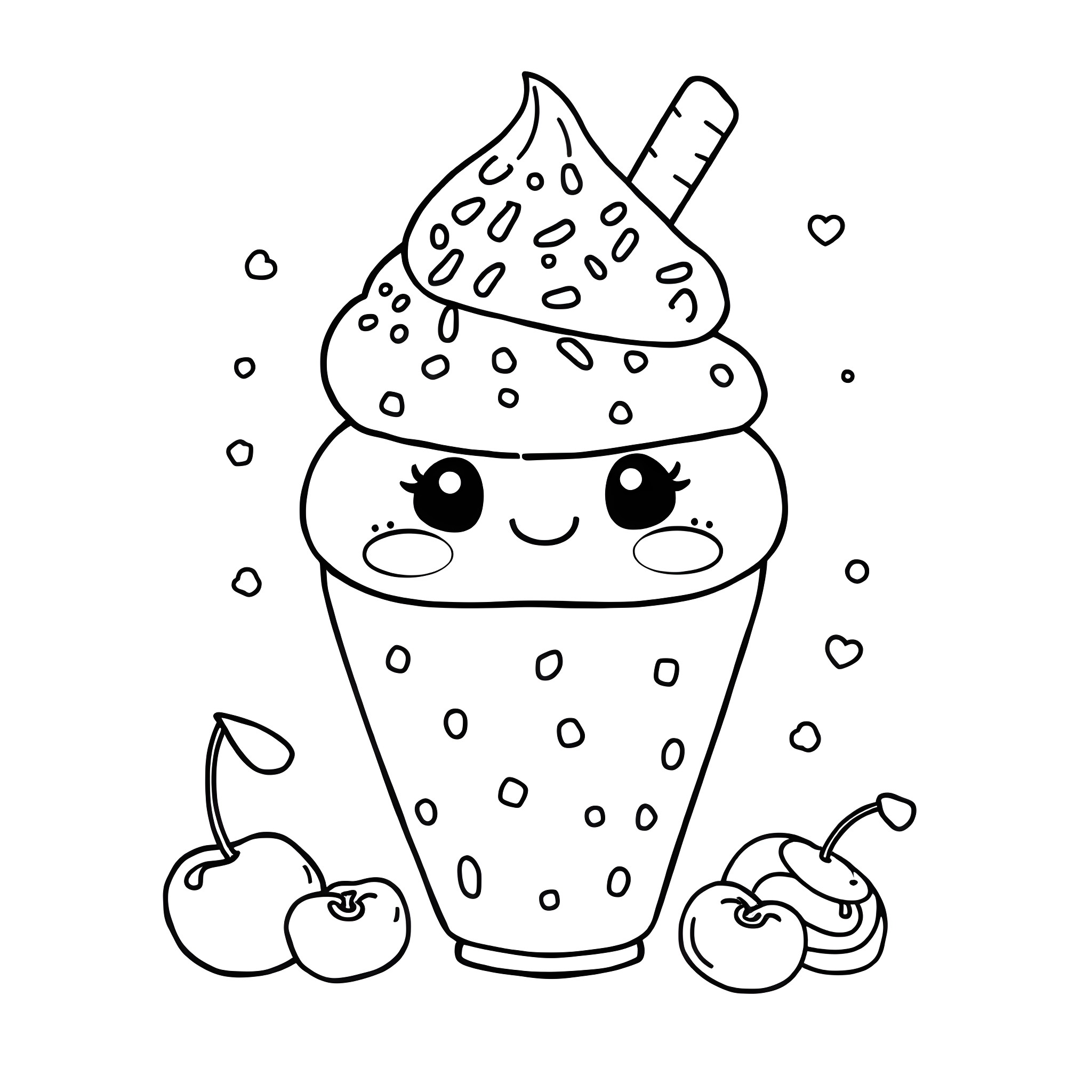 Ice Cream Treat with Adorable Expression Coloring Page (free black-and-white line drawing printable PDF for all, from beginners to advanced learners, including children, teens, adults, and seniors)