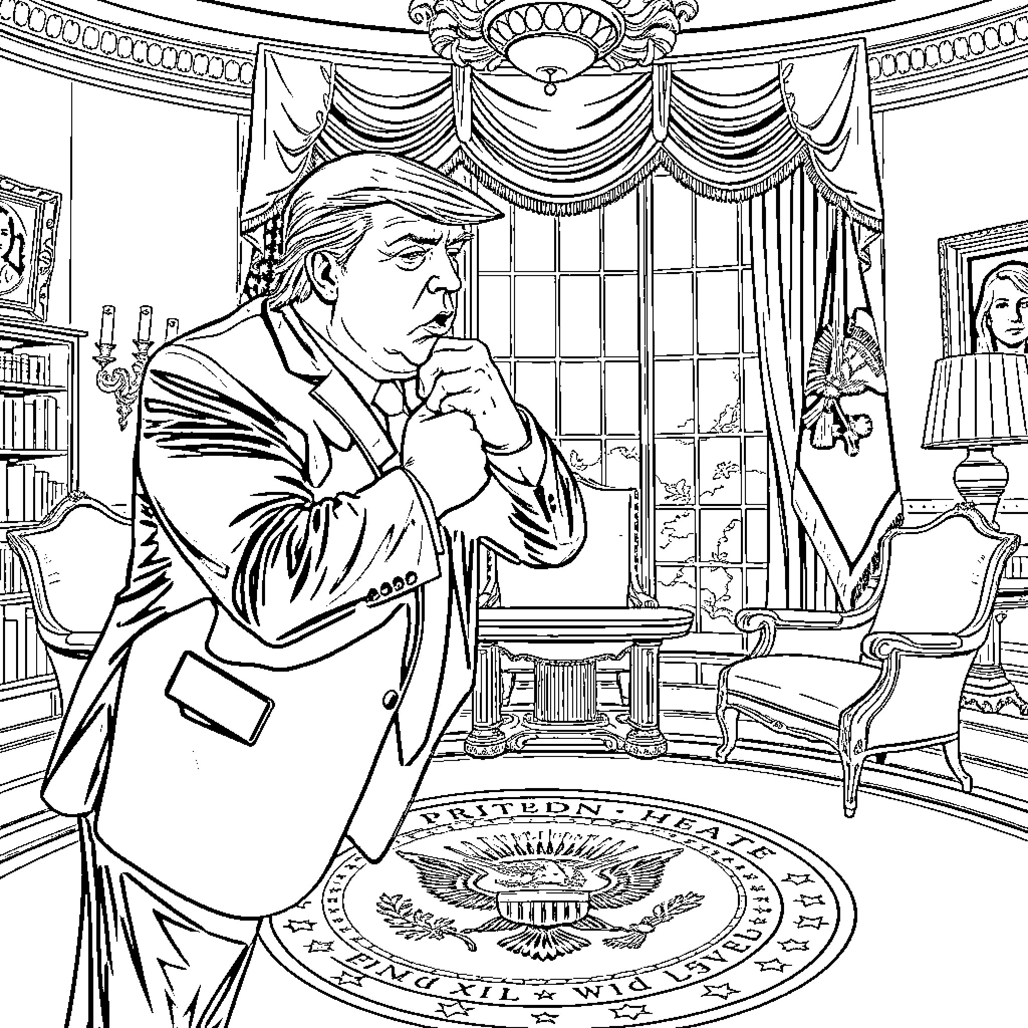 President in Contemplation within Oval Office Coloring Page (free black-and-white line drawing printable PDF for all, from beginners to advanced learners, including children, teens, adults, and seniors)