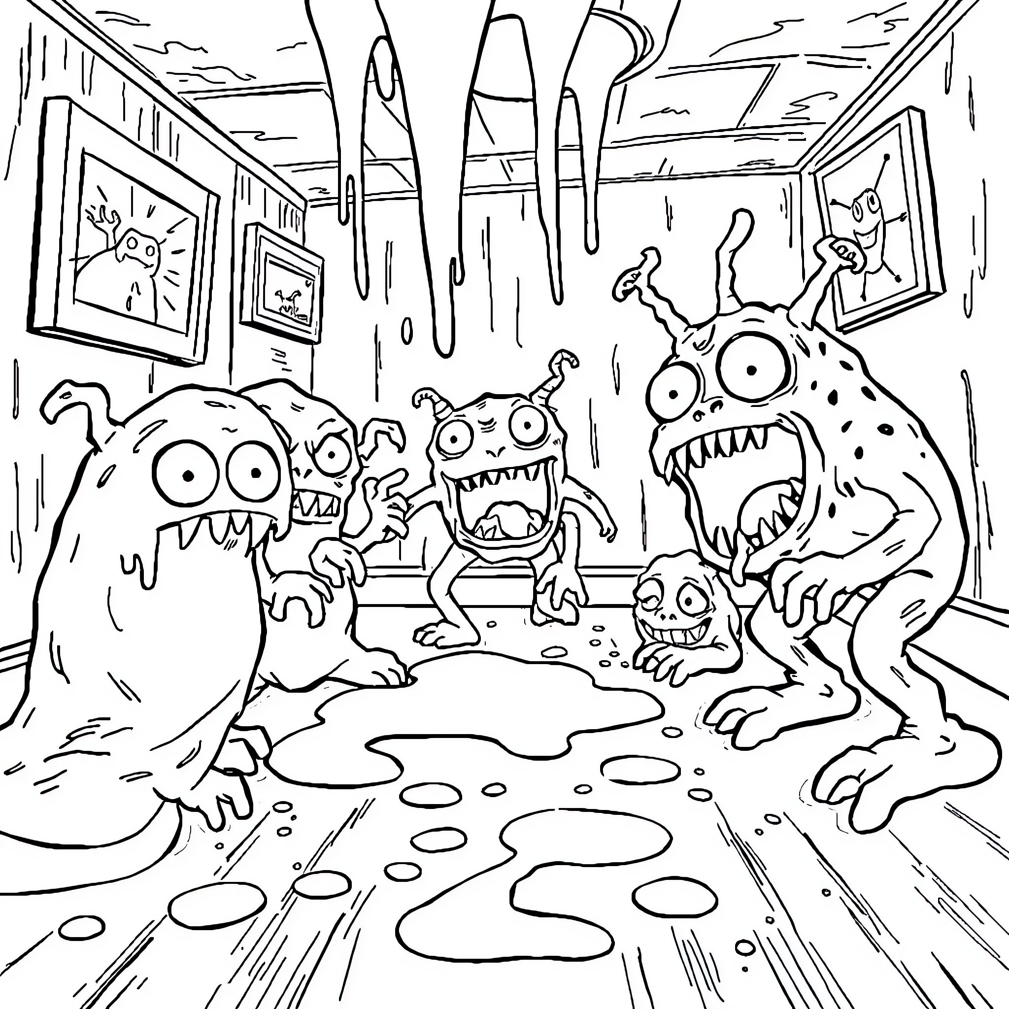 Monster creatures in a chaotic room Coloring Page (free black-and-white line drawing printable PDF for all, from beginners to advanced learners, including children, teens, adults, and seniors)