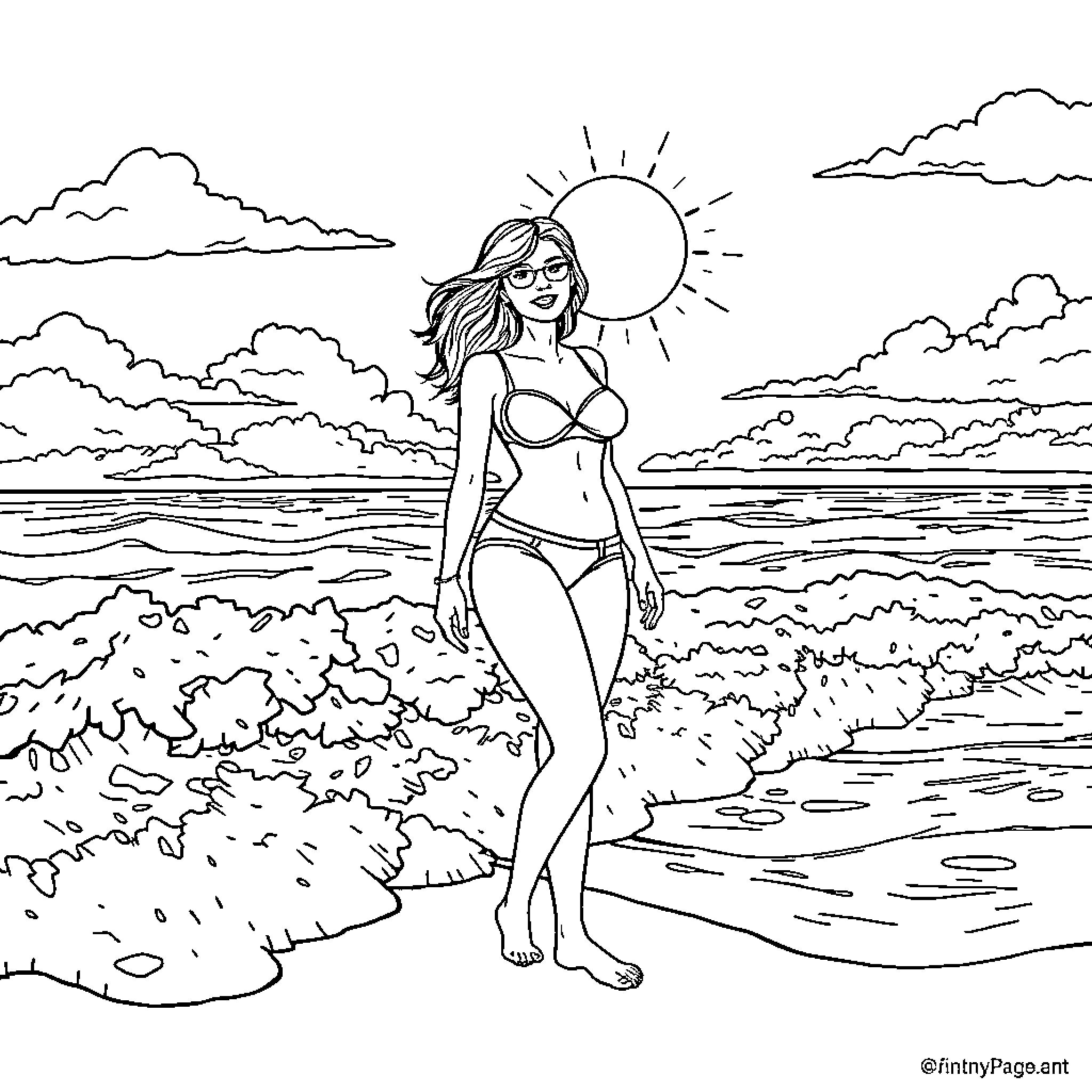 Jenny Rivera enjoying a sunny day at the beach Coloring Page (free black-and-white line drawing printable PDF for all, from beginners to advanced learners, including children, teens, adults, and seniors)