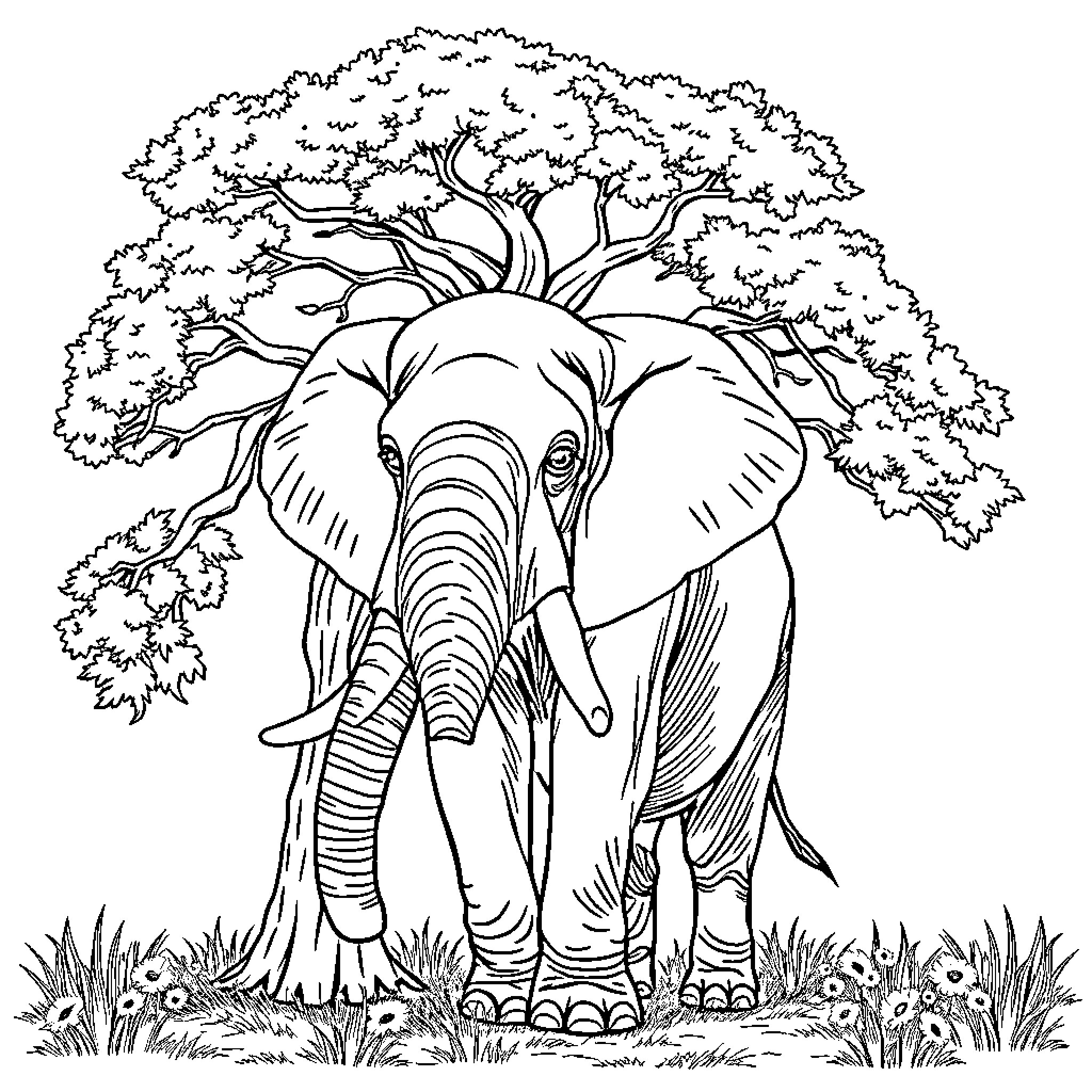 Elephant strolling through lush woodland landscape Coloring Page (free black-and-white line drawing printable PDF for all, from beginners to advanced learners, including children, teens, adults, and seniors)