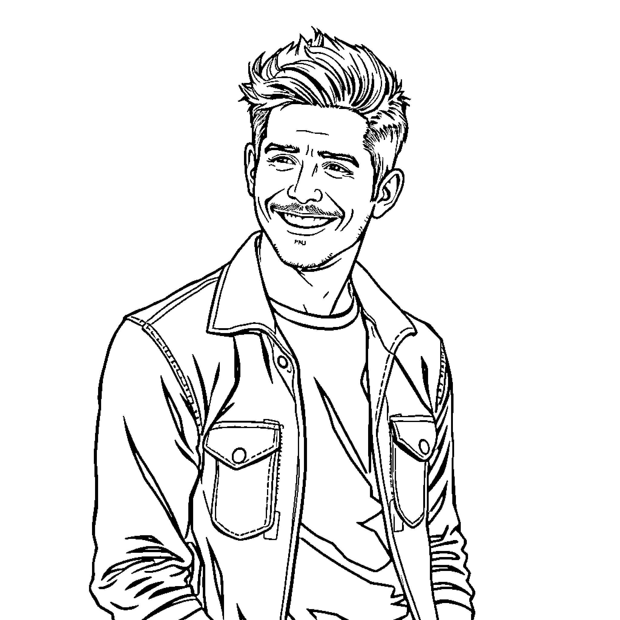 Pedro Pascal in casual, confident pose Coloring Page (free black-and-white line drawing printable PDF for all, from beginners to advanced learners, including children, teens, adults, and seniors)