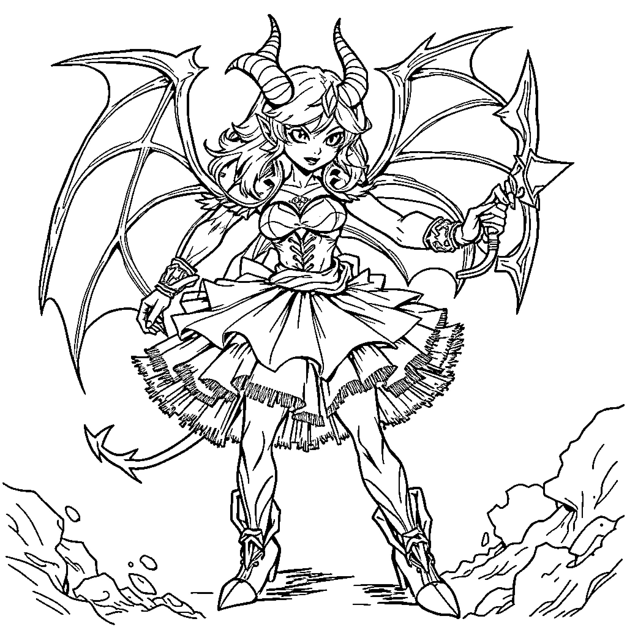 Demon Hunter Battles with Ferocious Winged Foe Coloring Page (free black-and-white line drawing printable PDF for all, from beginners to advanced learners, including children, teens, adults, and seniors)