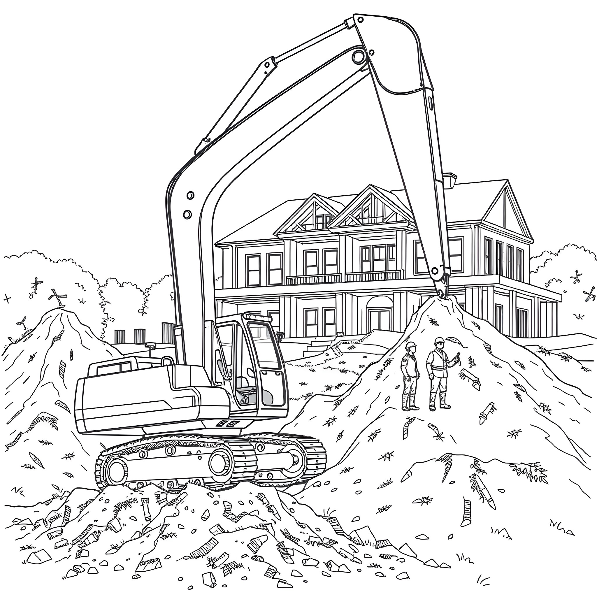 Excavator working on construction site near a house Coloring Page (free black-and-white line drawing printable PDF for all, from beginners to advanced learners, including children, teens, adults, and seniors)