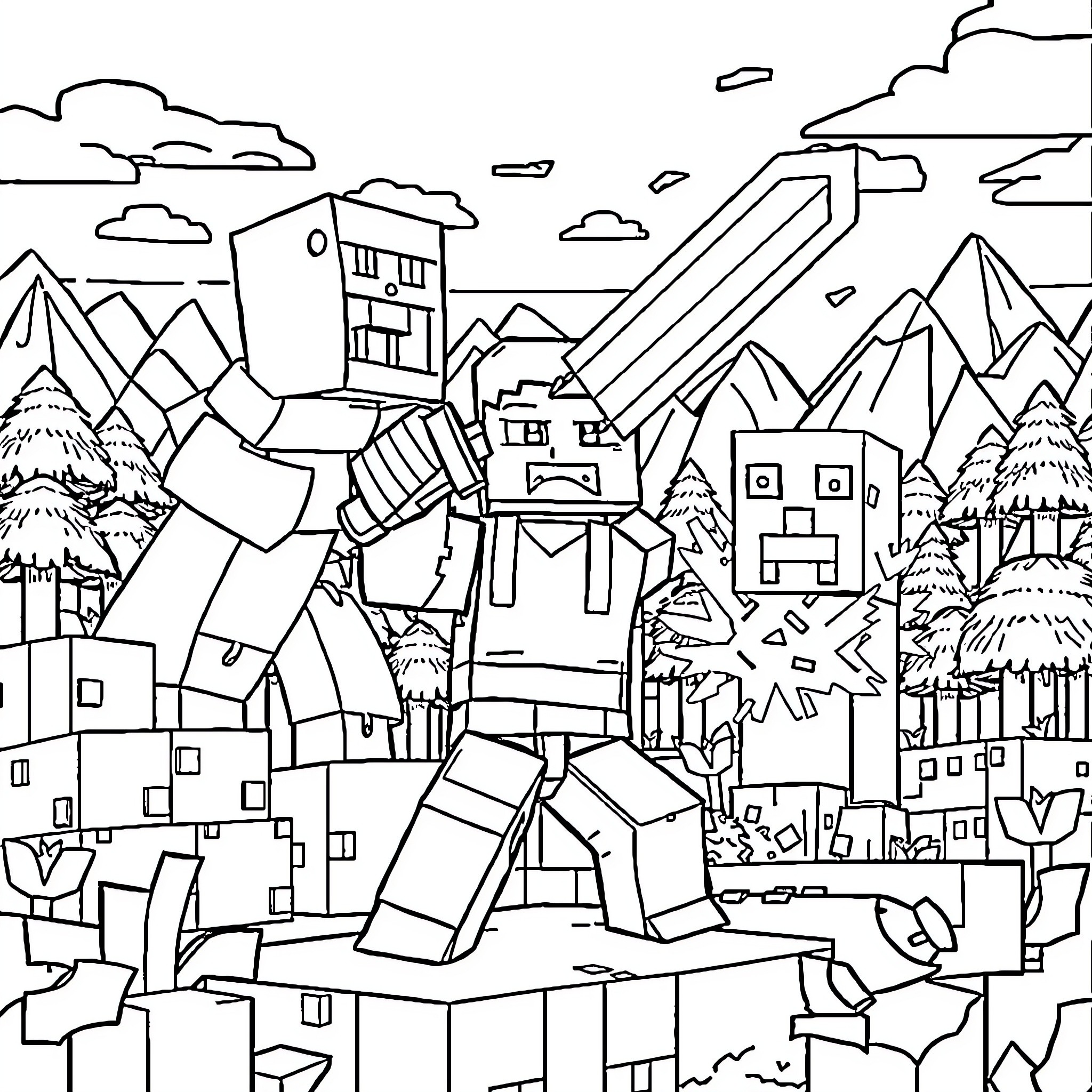Steve's Blocky Adventure in a Mountainous Landscape Coloring Page (free black-and-white line drawing printable PDF for all, from beginners to advanced learners, including children, teens, adults, and seniors)