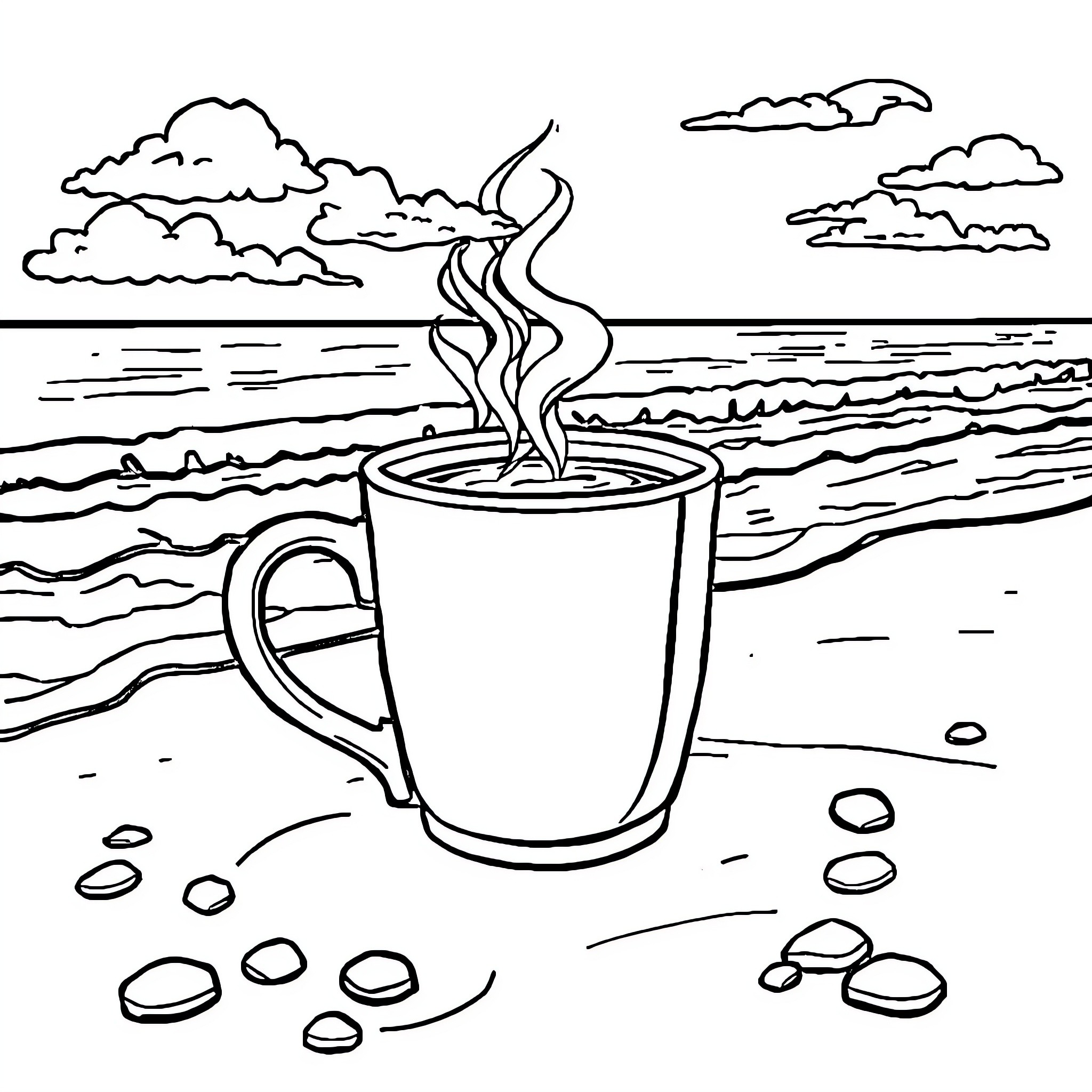 Coffee by the Serene Ocean Coloring Page (free black-and-white line drawing printable PDF for all, from beginners to advanced learners, including children, teens, adults, and seniors)