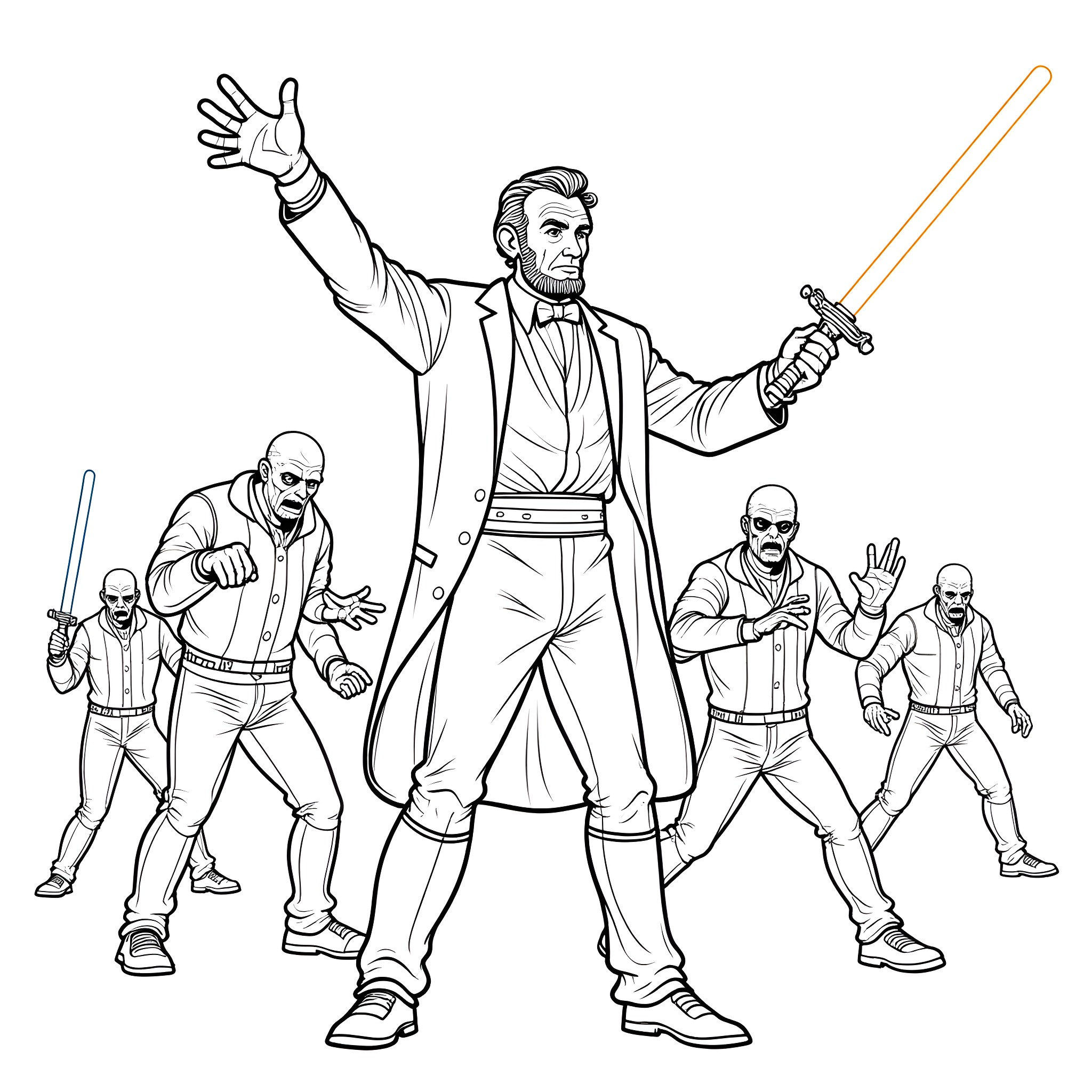 Abraham Lincoln leading a team of heroes with lightsabers Coloring Page (free black-and-white line drawing printable PDF for all, from beginners to advanced learners, including children, teens, adults, and seniors)