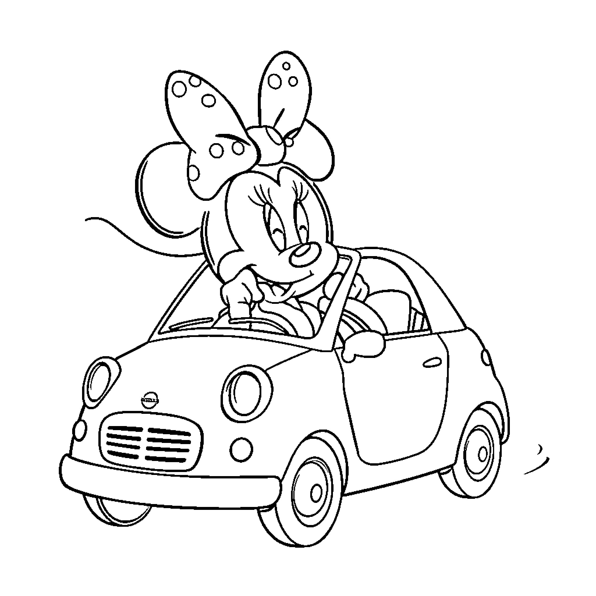 Minnie Mouse driving a retro-style car Coloring Page (free black-and-white line drawing printable PDF for all, from beginners to advanced learners, including children, teens, adults, and seniors)