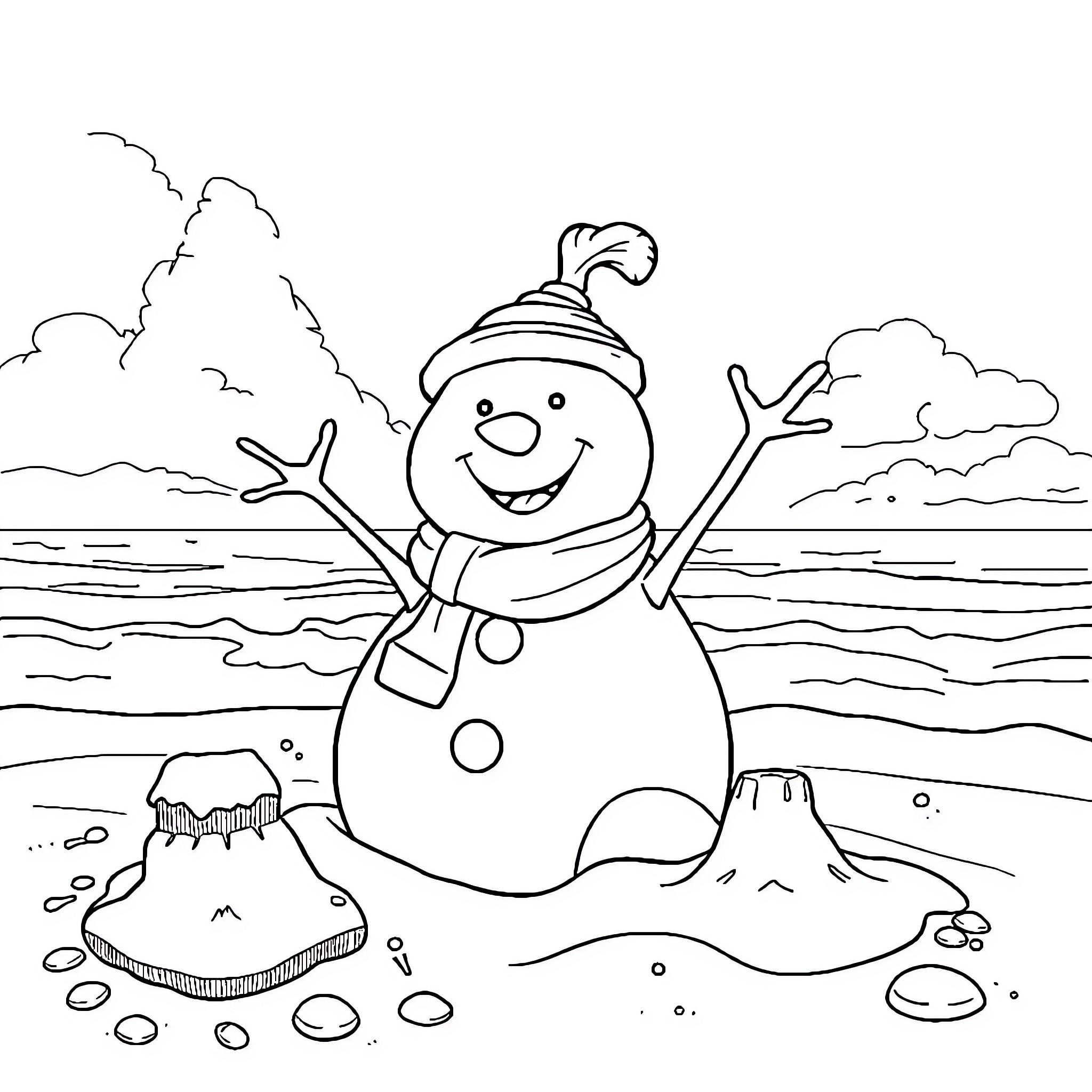 Frosty snowman playing on the beach Coloring Page (free black-and-white line drawing printable PDF for all, from beginners to advanced learners, including children, teens, adults, and seniors)