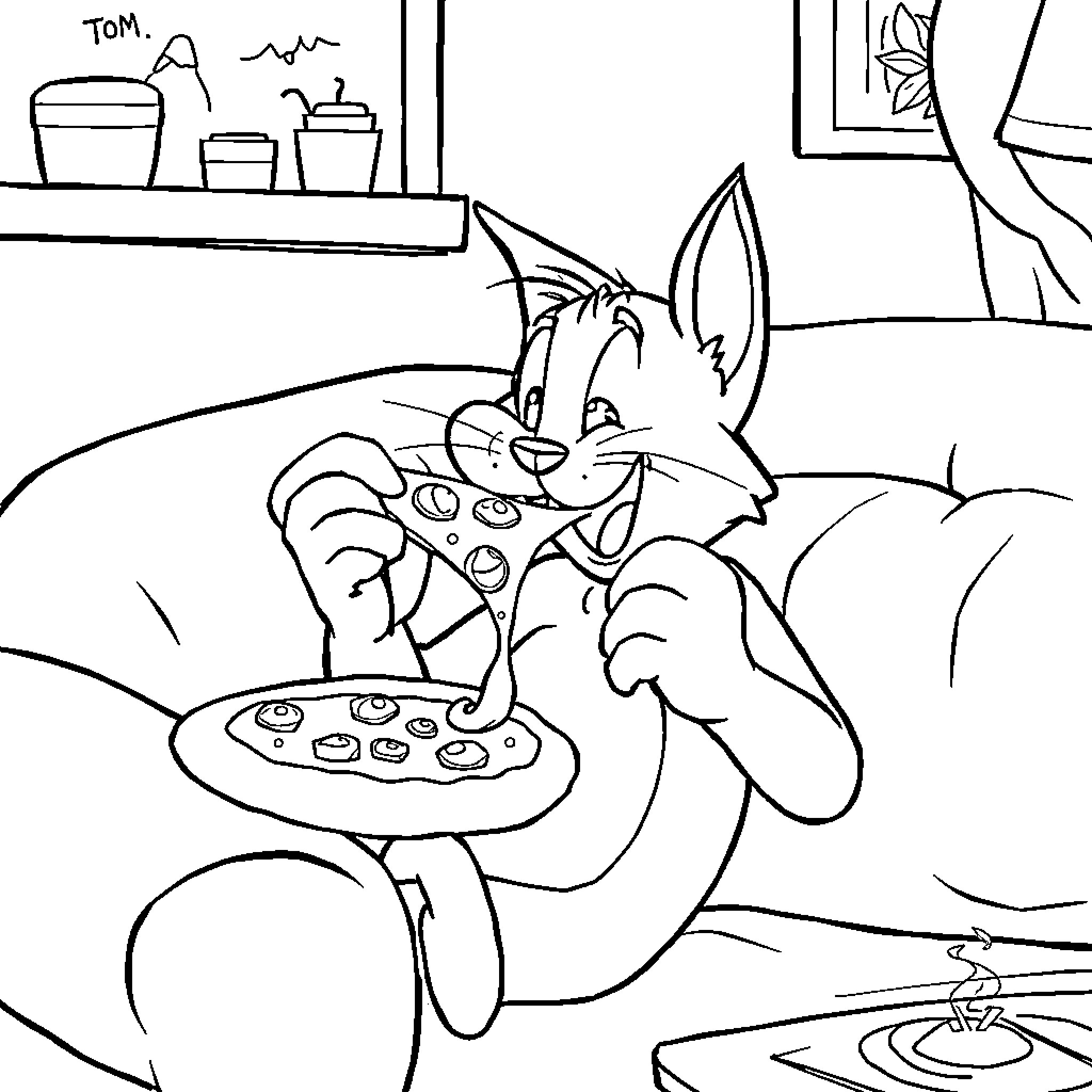 Tom Cardy playing video games in the bedroom Coloring Page (free black-and-white line drawing printable PDF for all, from beginners to advanced learners, including children, teens, adults, and seniors)