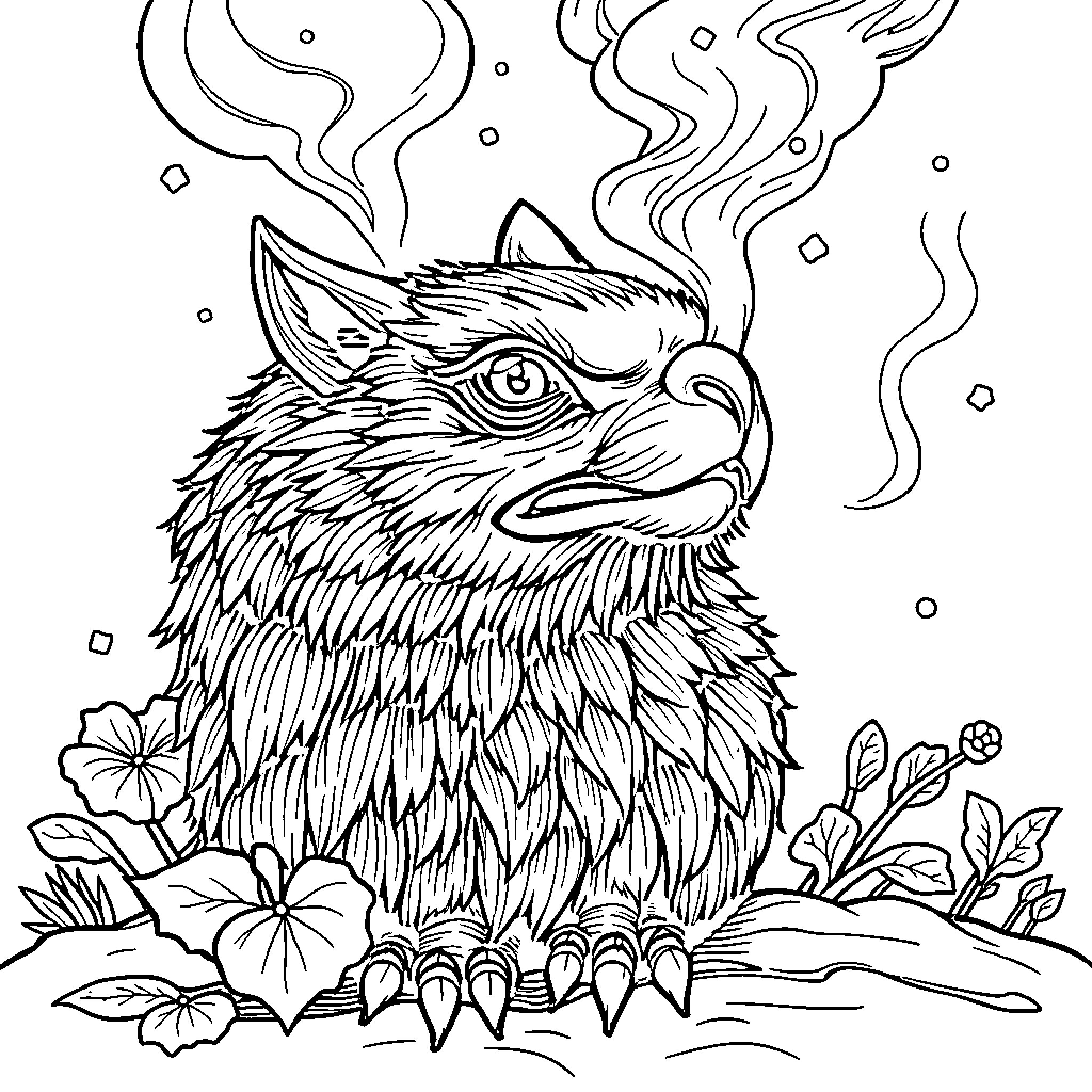 Smoky Owl Gazing Amidst Floral Backdrop Coloring Page (free black-and-white line drawing printable PDF for all, from beginners to advanced learners, including children, teens, adults, and seniors)