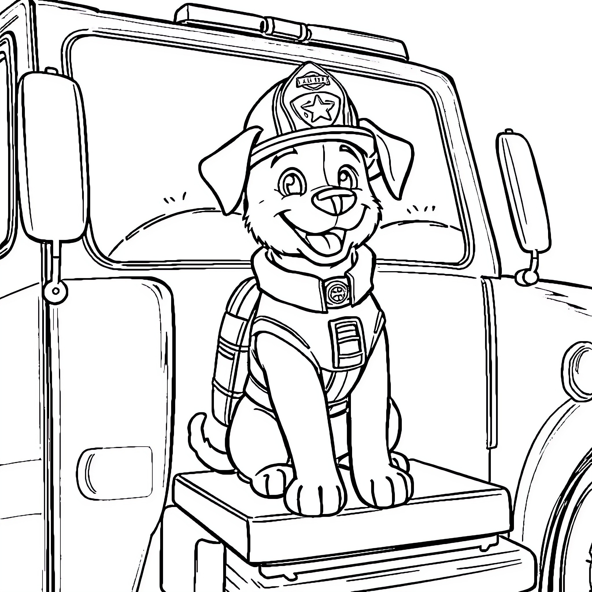 Firefighter Dog riding on fire engine Coloring Page (free black-and-white line drawing printable PDF for all, from beginners to advanced learners, including children, teens, adults, and seniors)