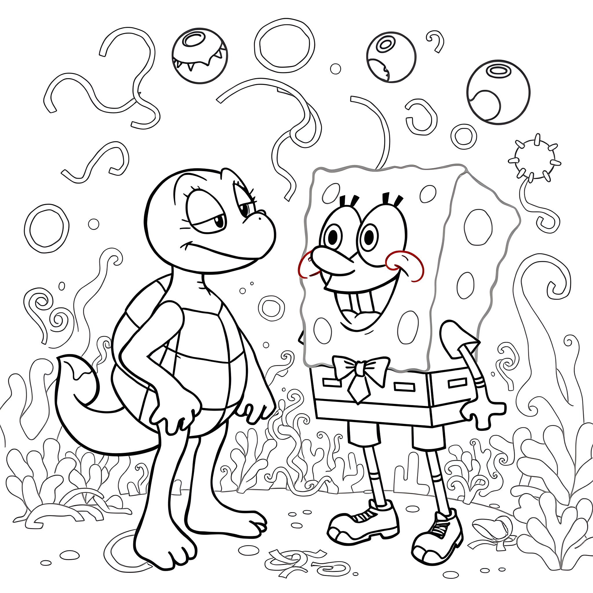 Squirtle and SpongeBob enjoying an underwater adventure Coloring Page (free black-and-white line drawing printable PDF for all, from beginners to advanced learners, including children, teens, adults, and seniors)