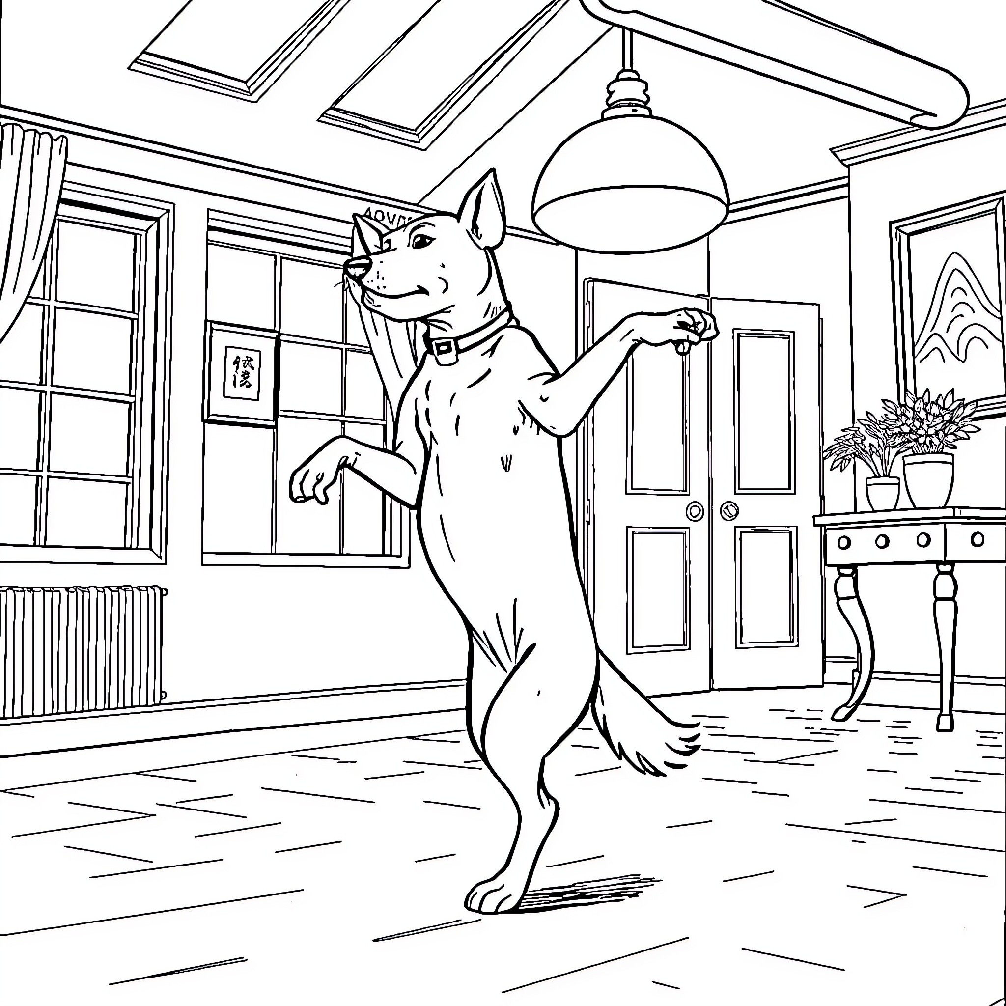 Dog dancing joyfully in a cozy home Coloring Page (free black-and-white line drawing printable PDF for all, from beginners to advanced learners, including children, teens, adults, and seniors)