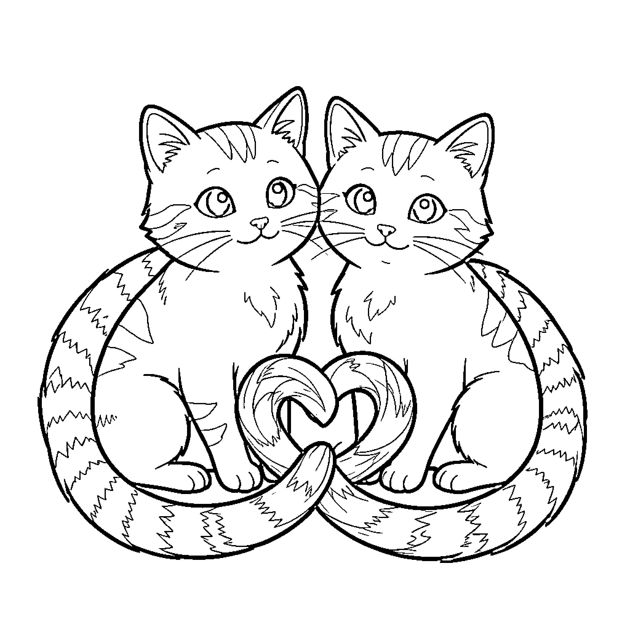 Cat Companions Cuddling Cutely Coloring Page (free black-and-white line drawing printable PDF for all, from beginners to advanced learners, including children, teens, adults, and seniors)