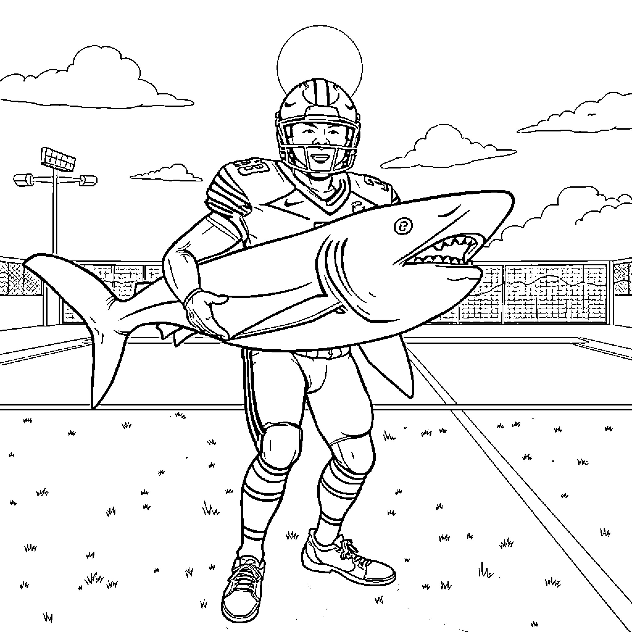 Football Player Catching Large Fish on Field Coloring Page (free black-and-white line drawing printable PDF for all, from beginners to advanced learners, including children, teens, adults, and seniors)