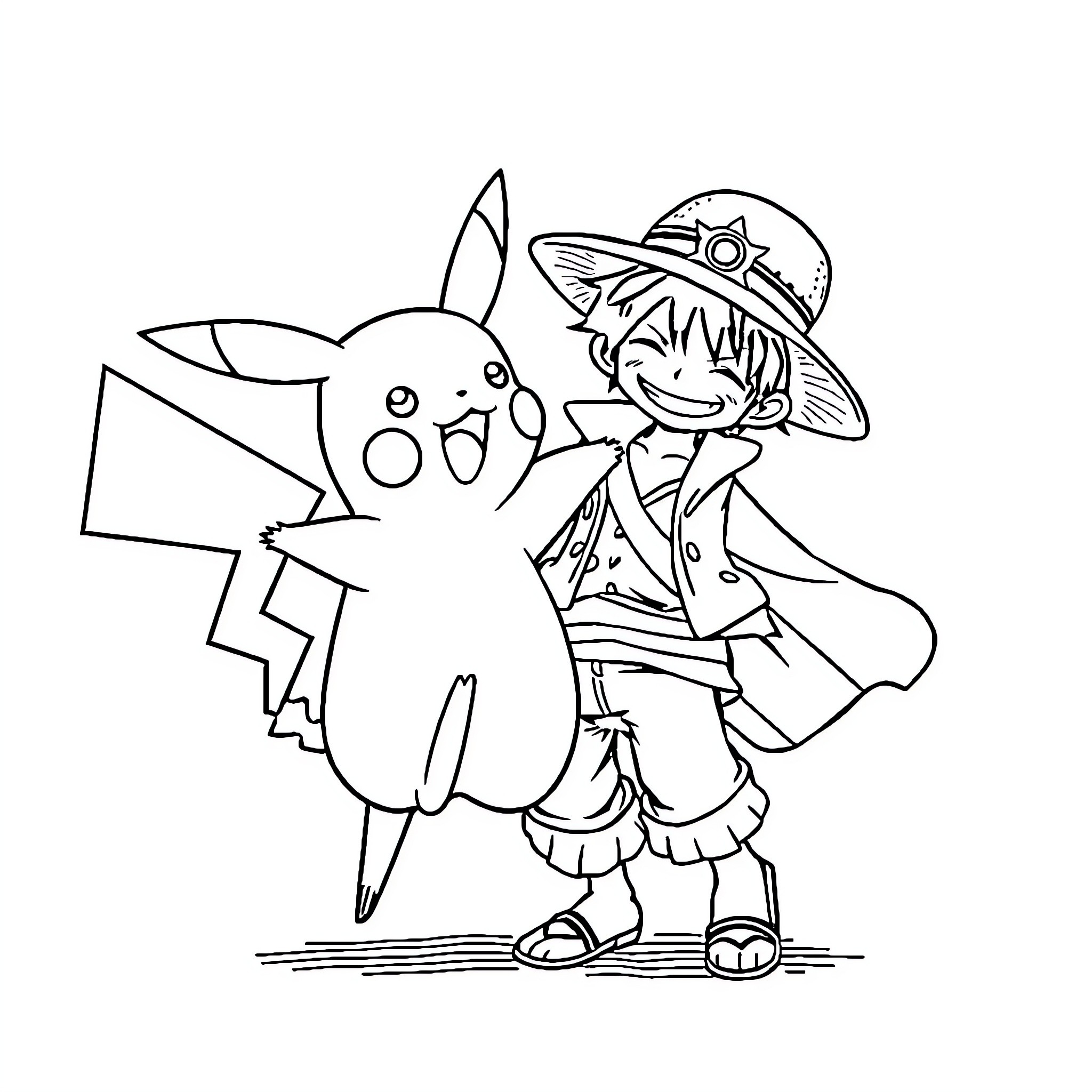 Pikachu and a young adventurer in the wild Coloring Page (free black-and-white line drawing printable PDF for all, from beginners to advanced learners, including children, teens, adults, and seniors)