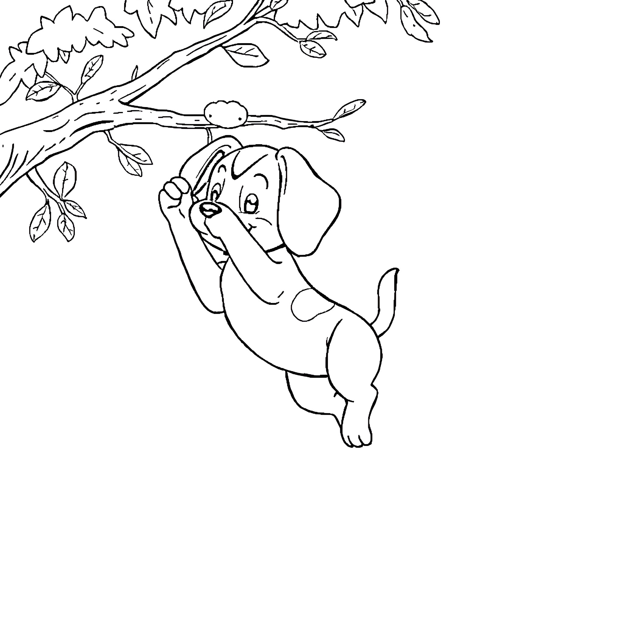 Lucy the Playful Puppy Swinging on Branch Coloring Page (free black-and-white line drawing printable PDF for all, from beginners to advanced learners, including children, teens, adults, and seniors)