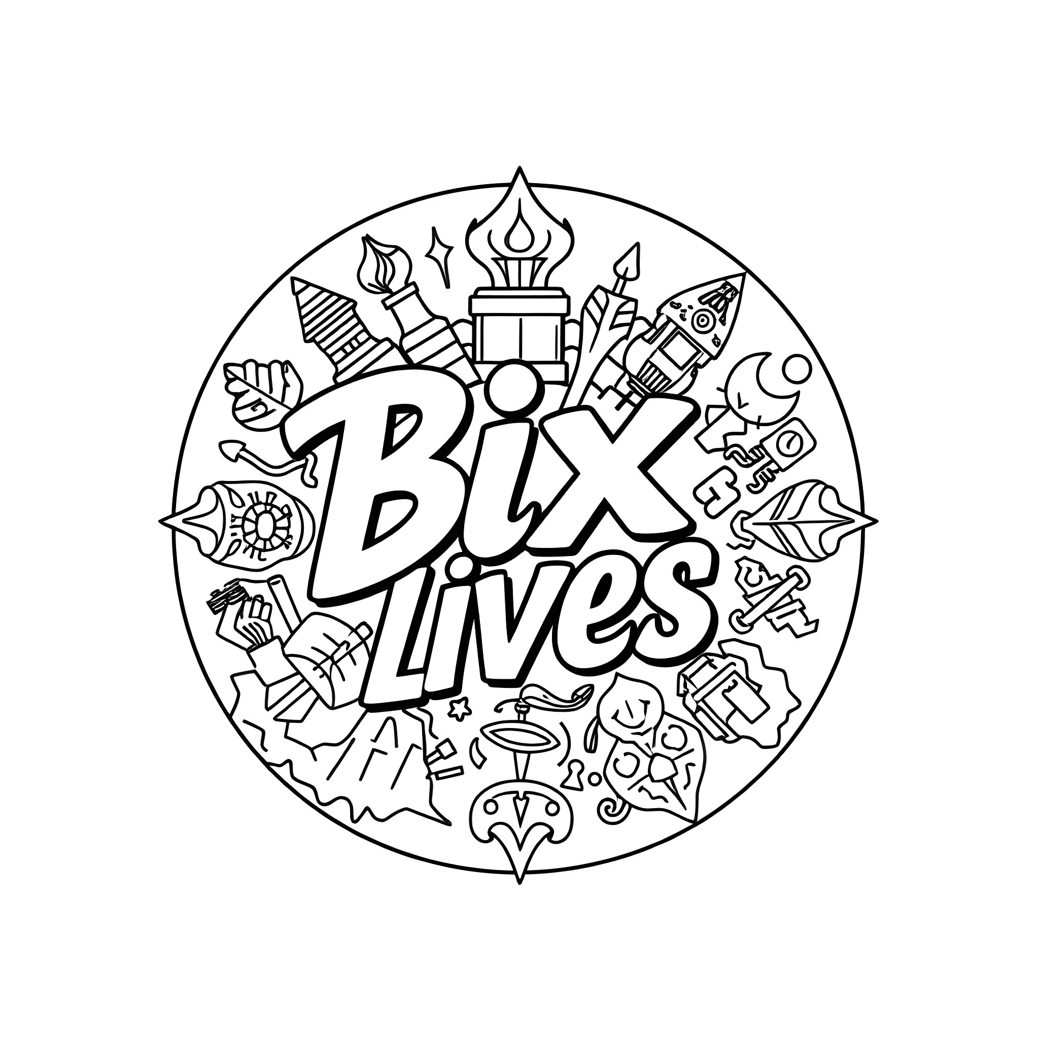 Bix Lives - Abstract Doodle Art Coloring Page (free black-and-white line drawing printable PDF for all, from beginners to advanced learners, including children, teens, adults, and seniors)