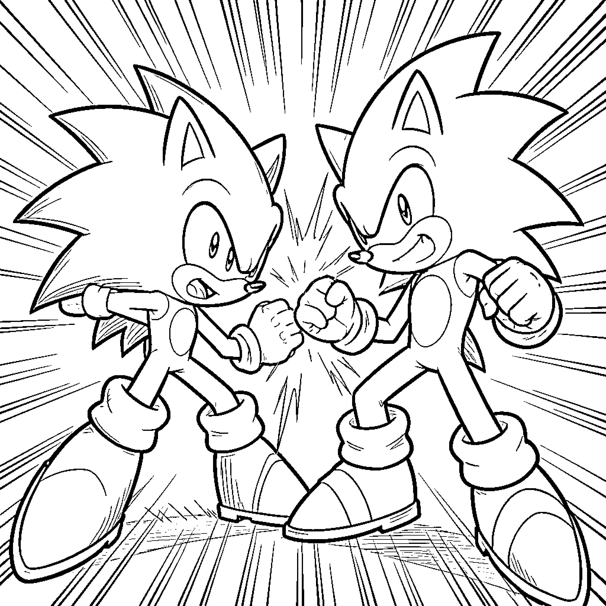 Sonic characters in an exciting confrontation Coloring Page (free black-and-white line drawing printable PDF for all, from beginners to advanced learners, including children, teens, adults, and seniors)