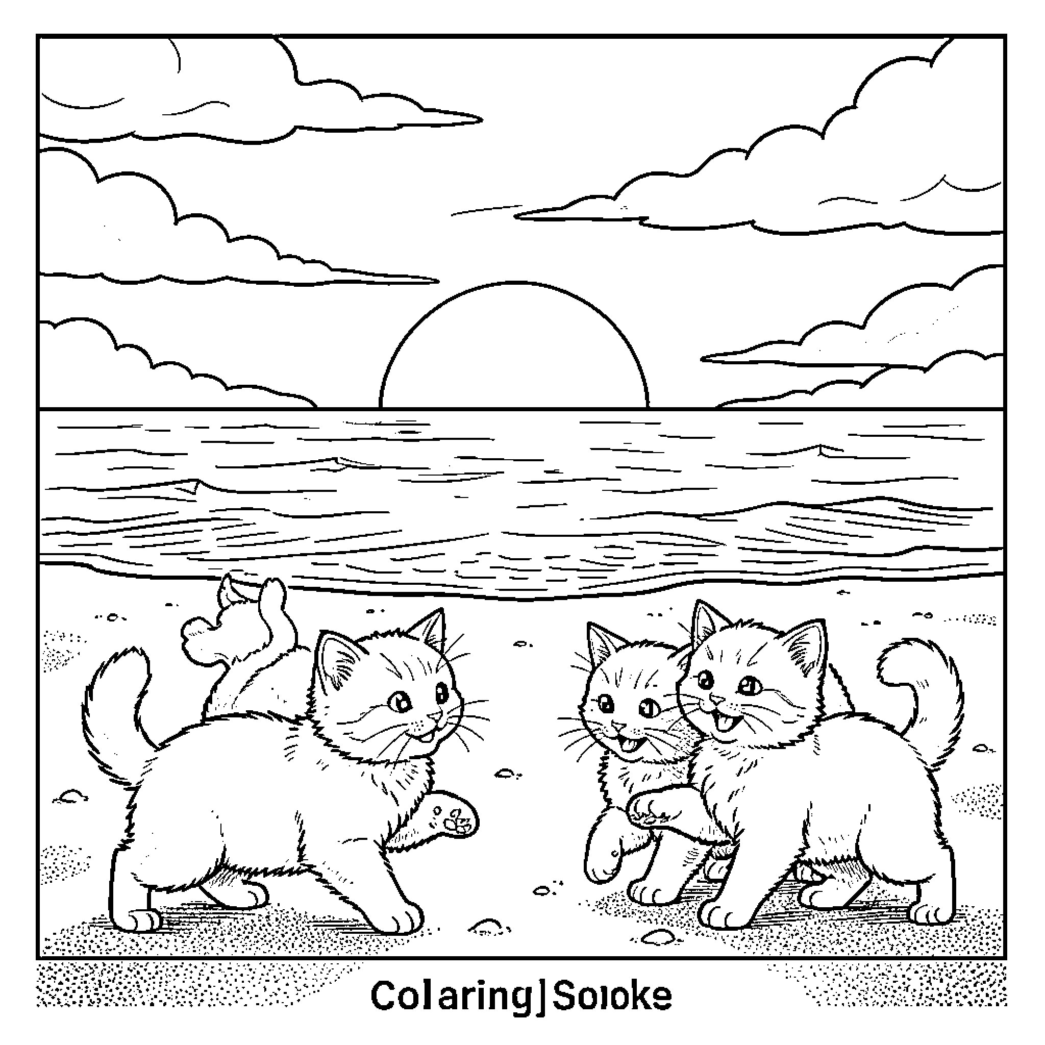 Kittens playing at the beach during sunset Coloring Page (free black-and-white line drawing printable PDF for all, from beginners to advanced learners, including children, teens, adults, and seniors)