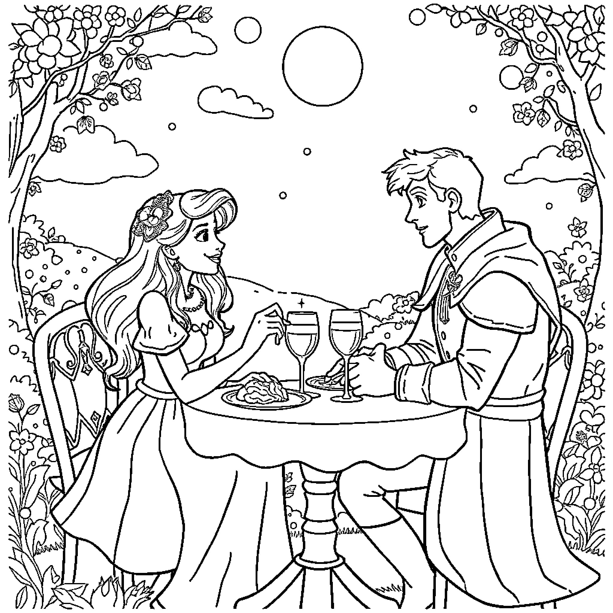 Raiponce enjoying a romantic dinner date outdoors Coloring Page (free black-and-white line drawing printable PDF for all, from beginners to advanced learners, including children, teens, adults, and seniors)