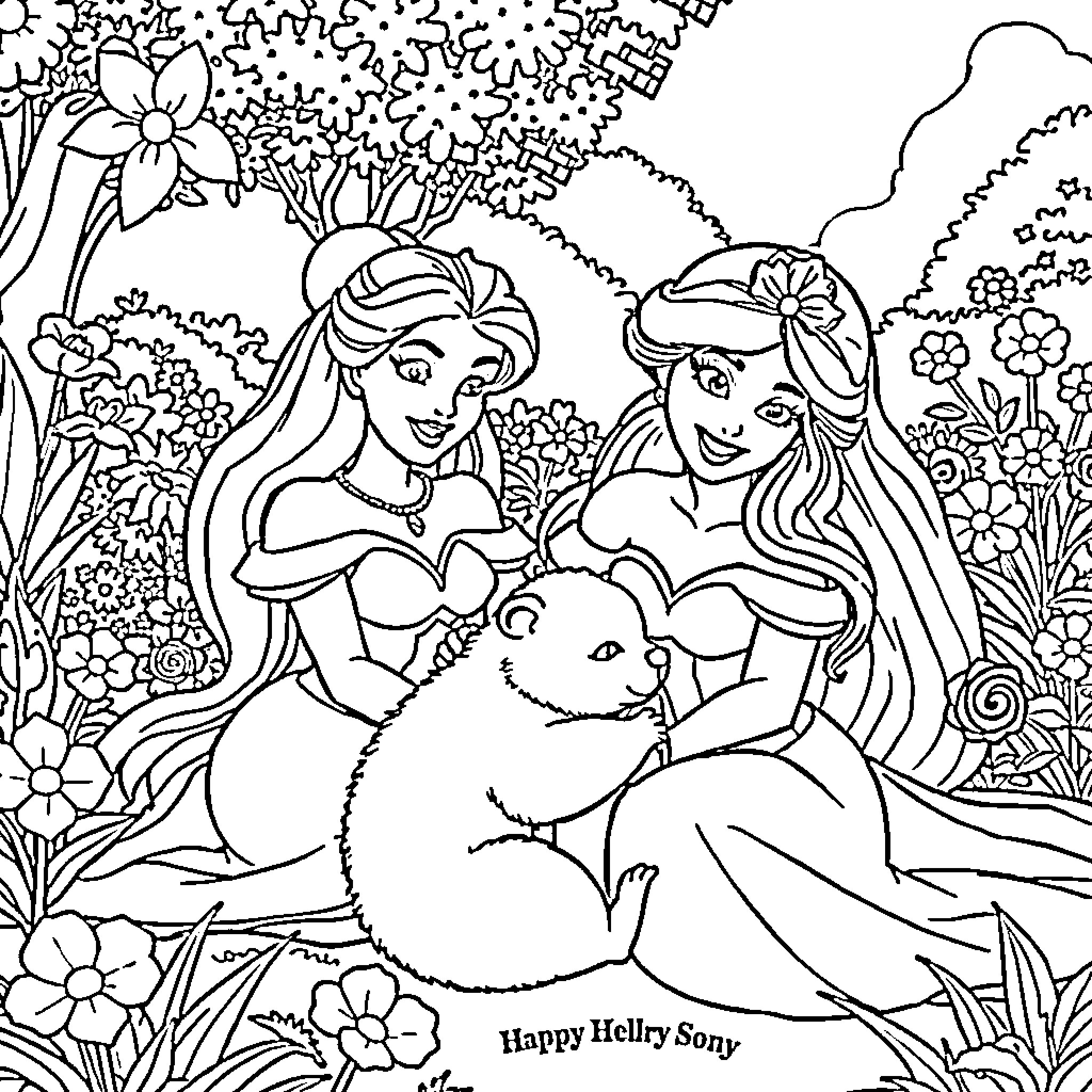 Princess Sisterly Embrace in Floral Garden Coloring Page (free black-and-white line drawing printable PDF for all, from beginners to advanced learners, including children, teens, adults, and seniors)