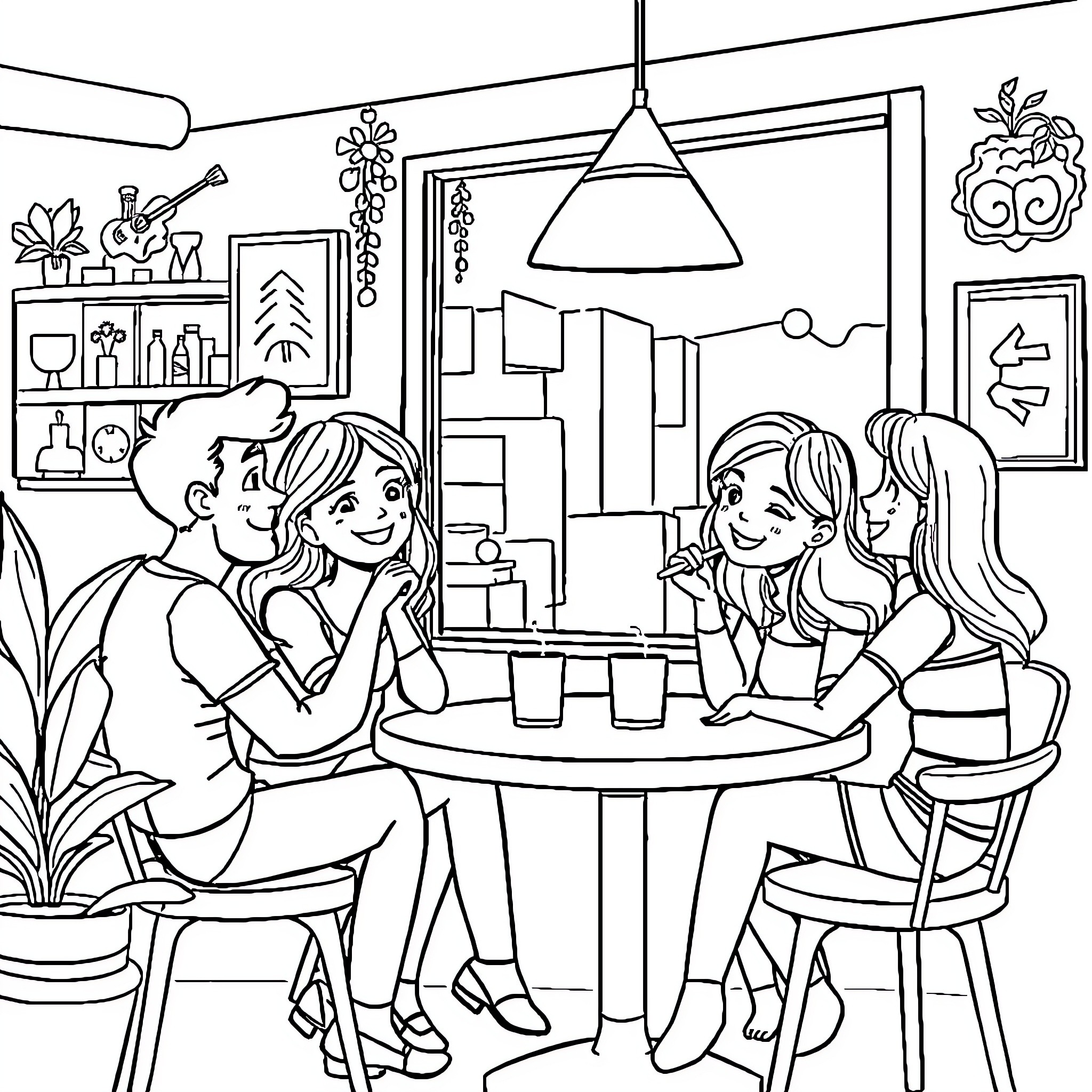 Gaby's Friendly Cafe Gathering Coloring Page (free black-and-white line drawing printable PDF for all, from beginners to advanced learners, including children, teens, adults, and seniors)