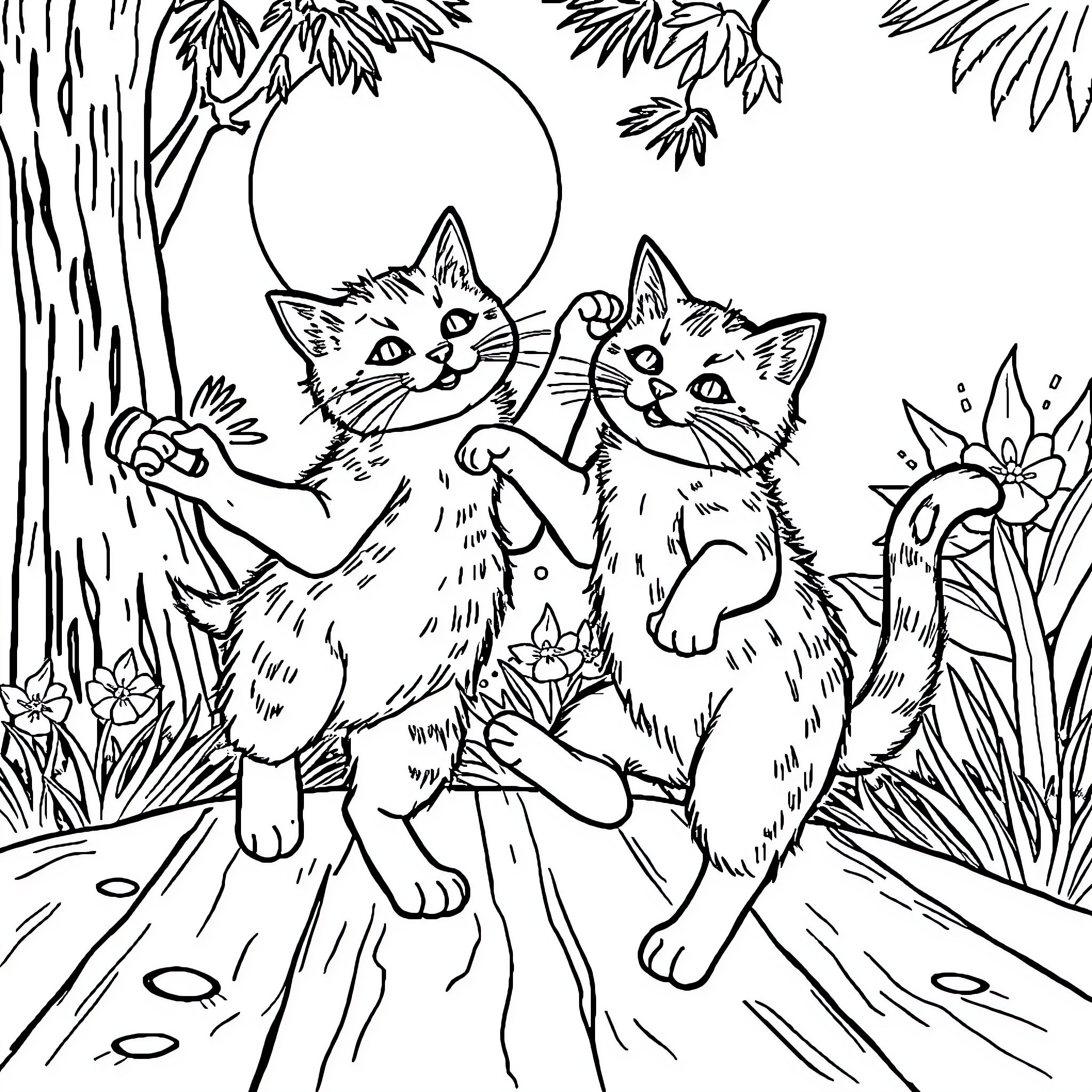 Cats playing in the forest Coloring Page (free black-and-white line drawing printable PDF for all, from beginners to advanced learners, including children, teens, adults, and seniors)