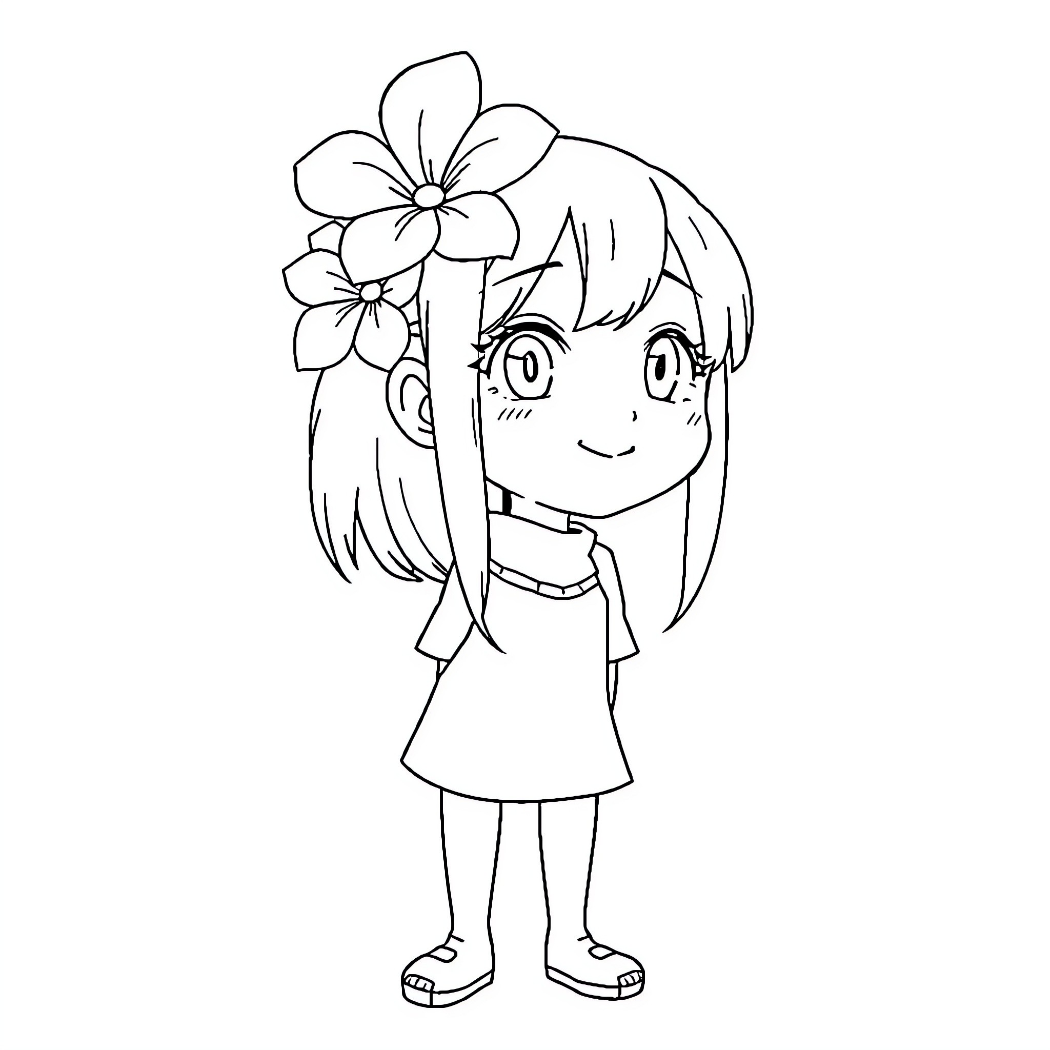Character with Floral Headpiece and Cheerful Expression Coloring Page (free black-and-white line drawing printable PDF for all, from beginners to advanced learners, including children, teens, adults, and seniors)