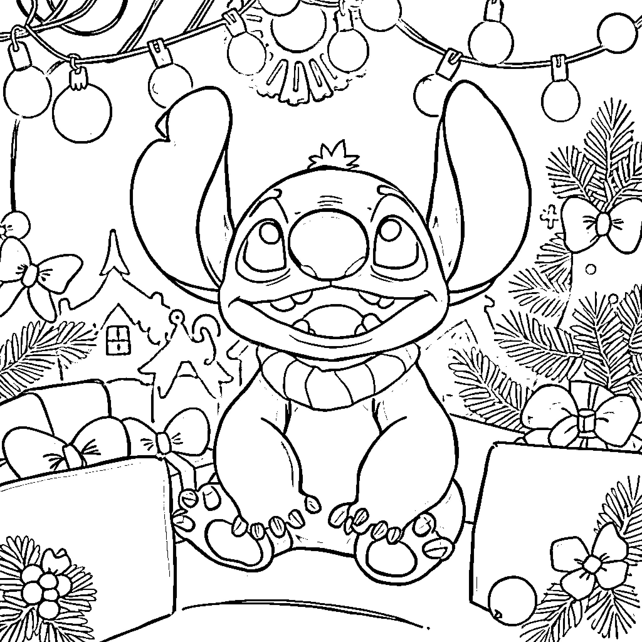 Stitch enjoying the festive holiday decorations Coloring Page (free black-and-white line drawing printable PDF for all, from beginners to advanced learners, including children, teens, adults, and seniors)