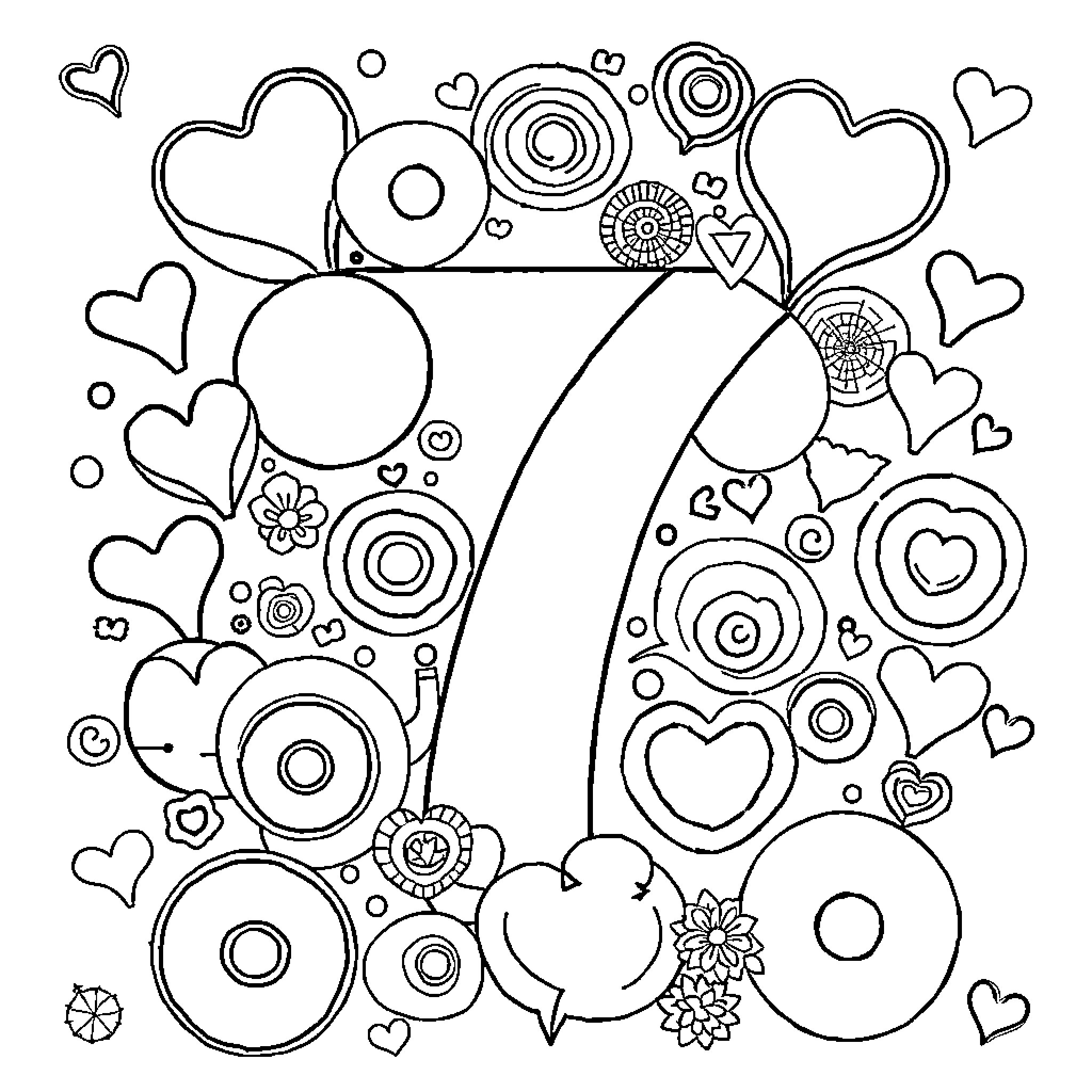 Number 7: Whimsical shapes and patterns Coloring Page (free black-and-white line drawing printable PDF for all, from beginners to advanced learners, including children, teens, adults, and seniors)