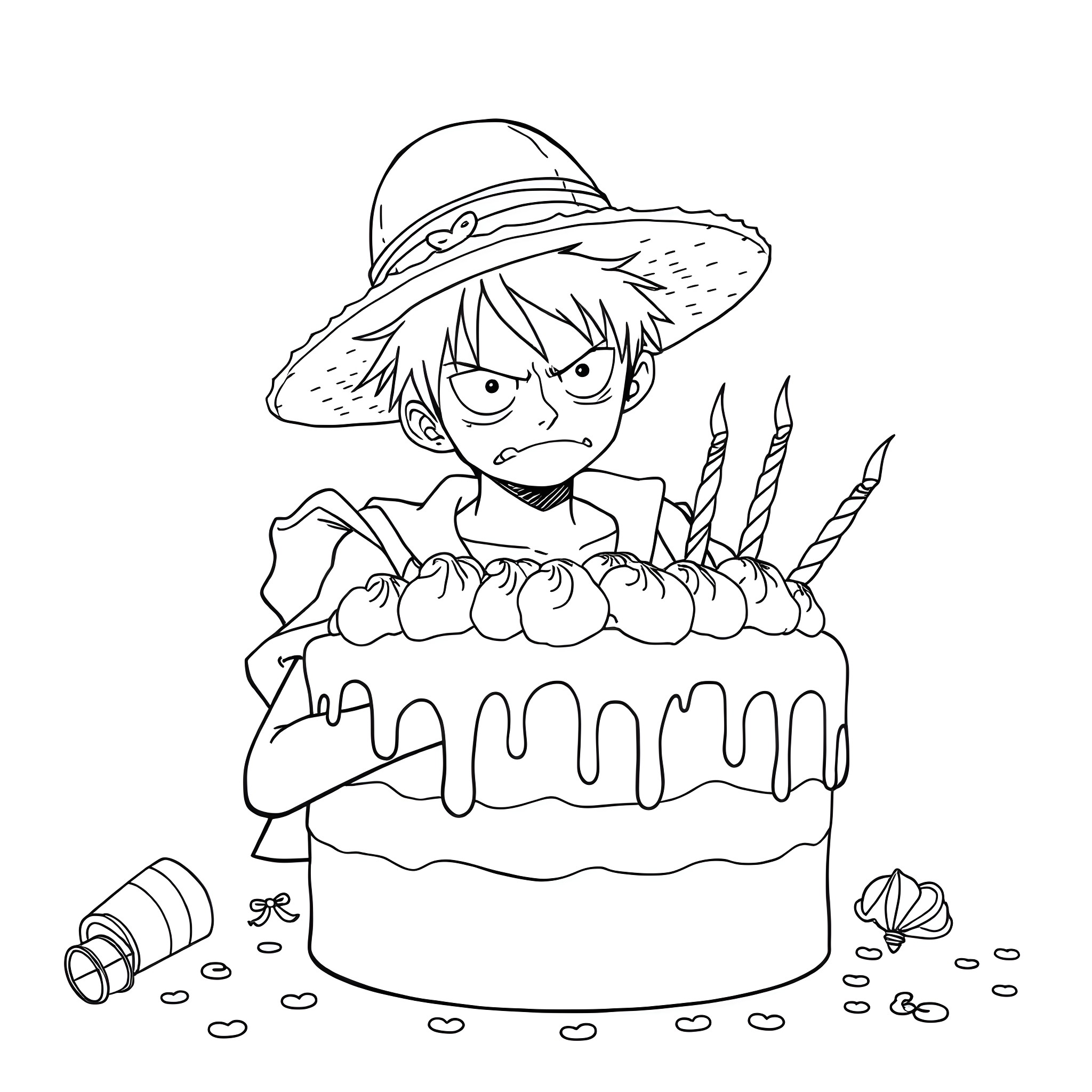 Luffy enjoying his birthday cake with candles Coloring Page (free black-and-white line drawing printable PDF for all, from beginners to advanced learners, including children, teens, adults, and seniors)