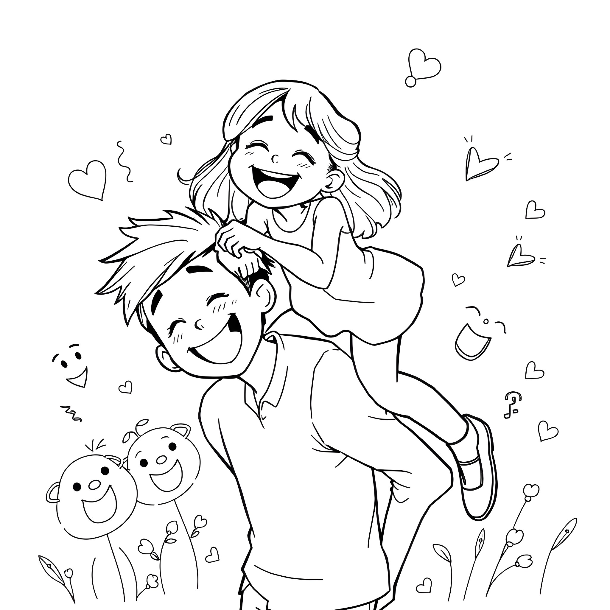 Girl playfully embracing boy in joyful scene Coloring Page (free black-and-white line drawing printable PDF for all, from beginners to advanced learners, including children, teens, adults, and seniors)