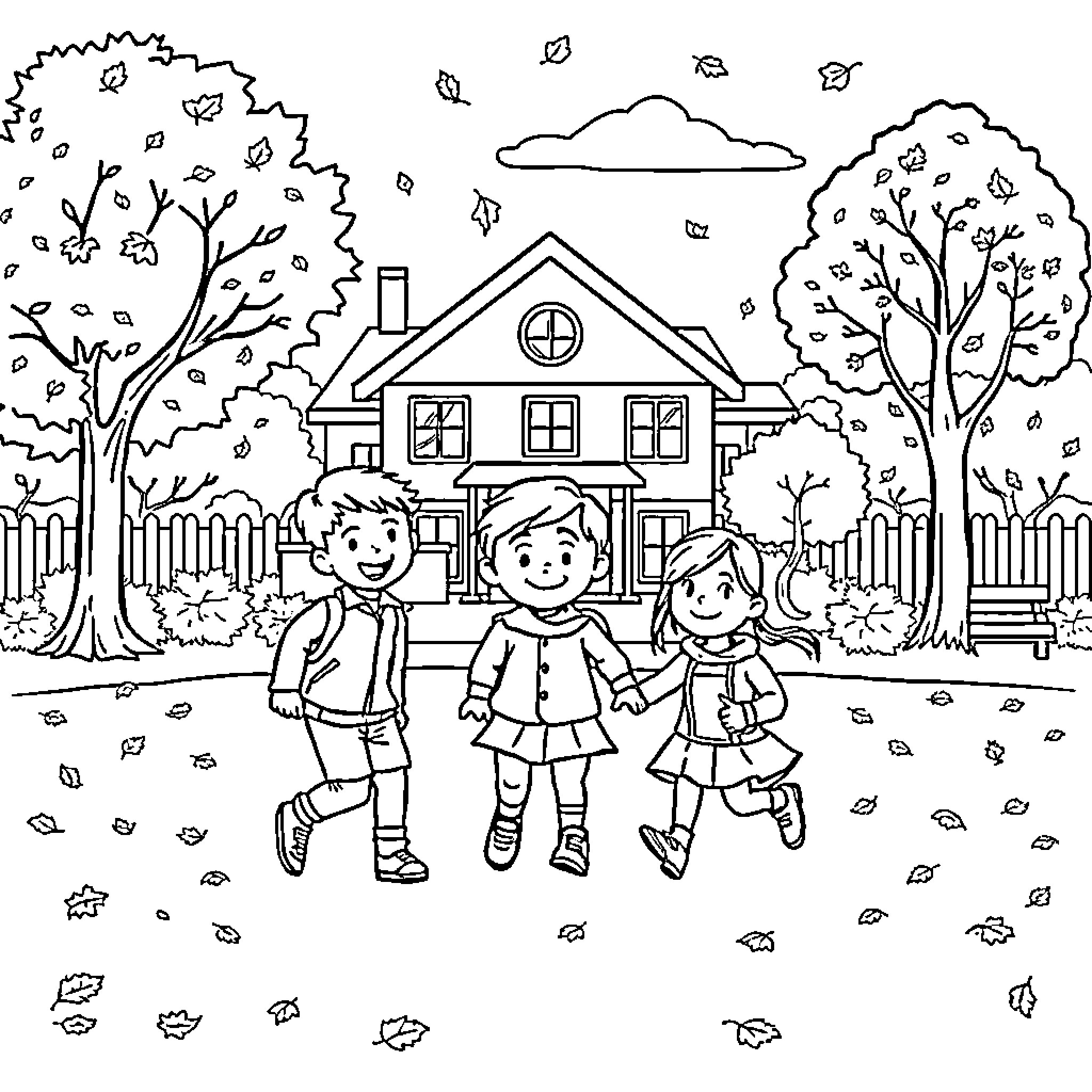 Children playing happily in the autumn leaves Coloring Page (free black-and-white line drawing printable PDF for all, from beginners to advanced learners, including children, teens, adults, and seniors)