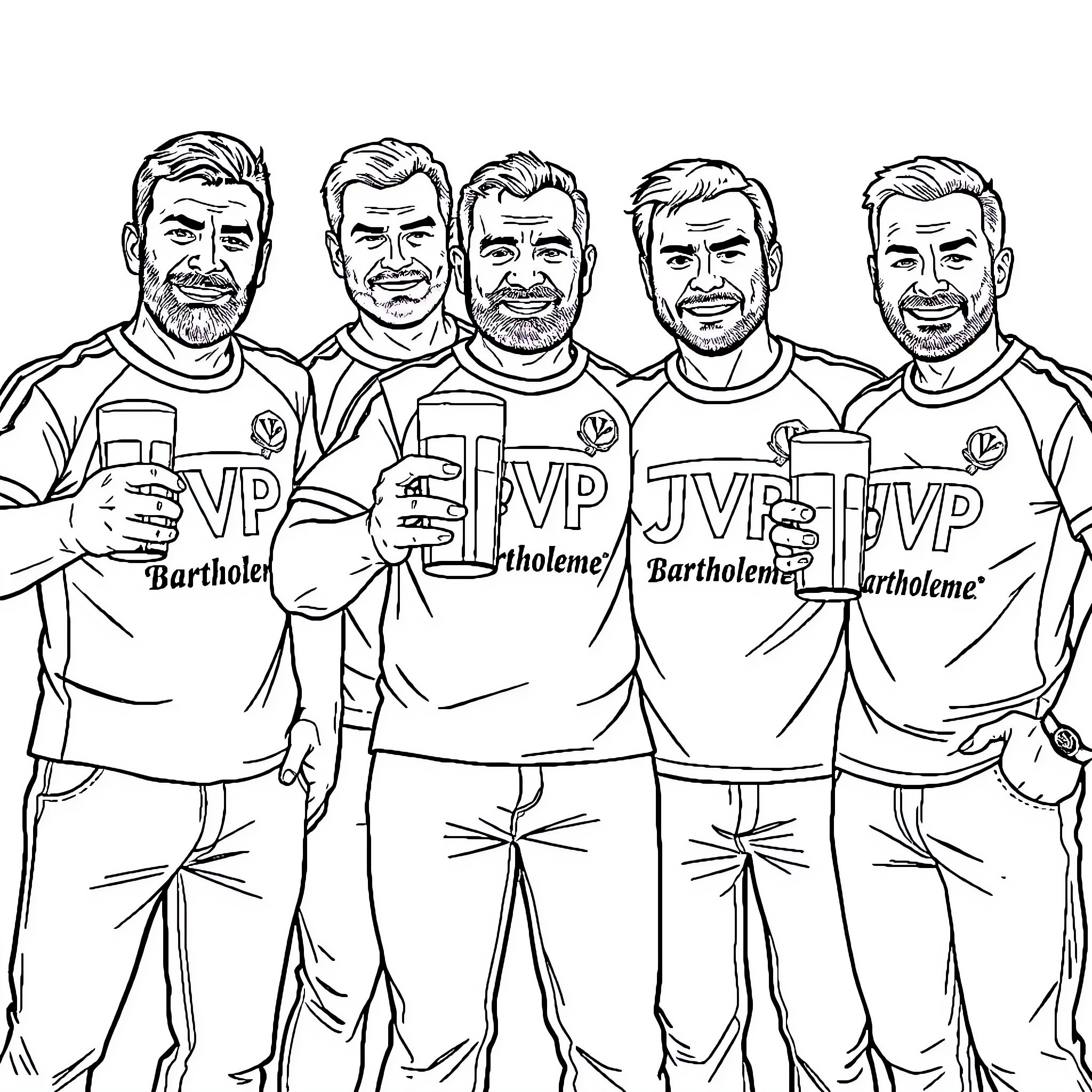 Mann football team posing together on the field Coloring Page (free black-and-white line drawing printable PDF for all, from beginners to advanced learners, including children, teens, adults, and seniors)