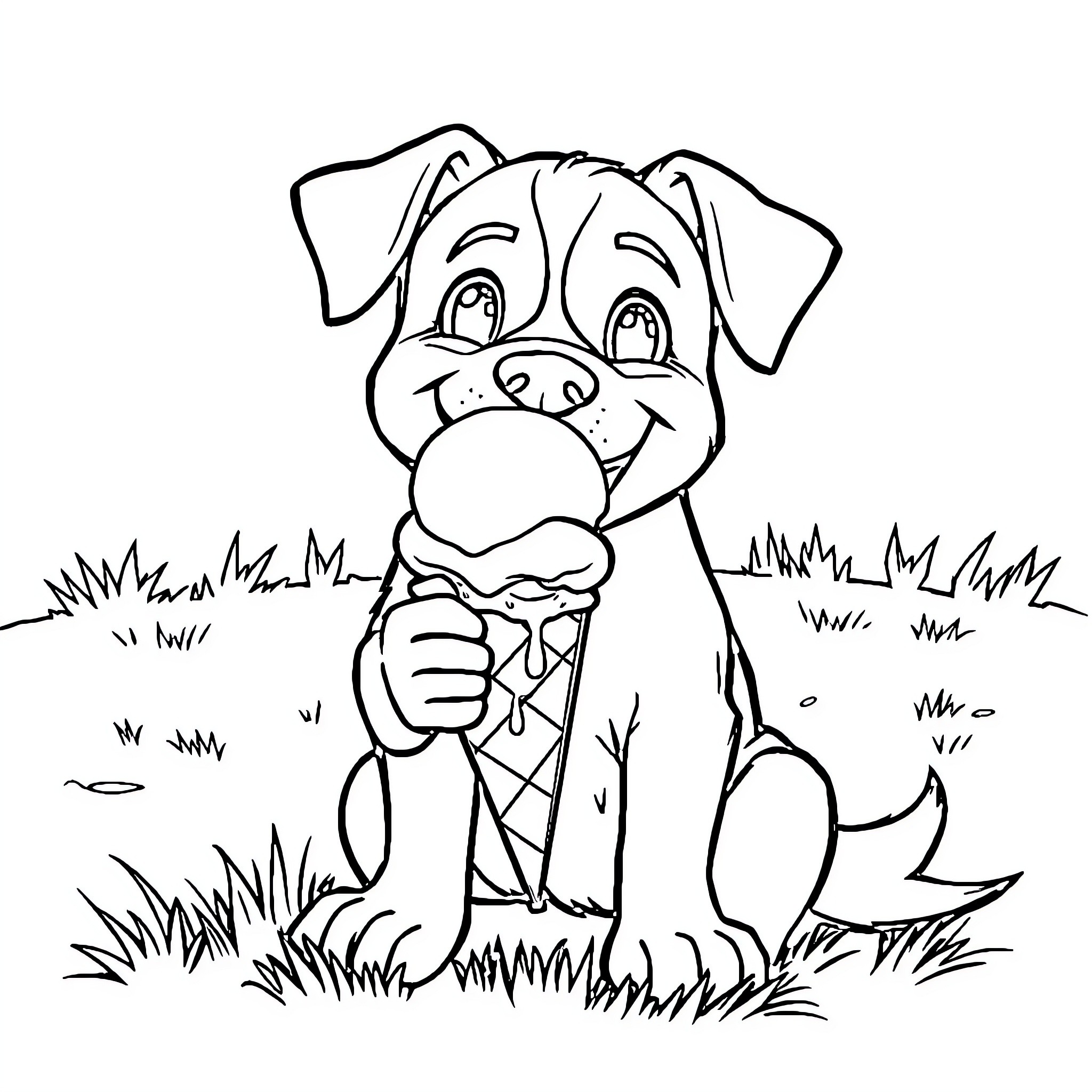Dog enjoying an ice cream cone in the park Coloring Page (free black-and-white line drawing printable PDF for all, from beginners to advanced learners, including children, teens, adults, and seniors)