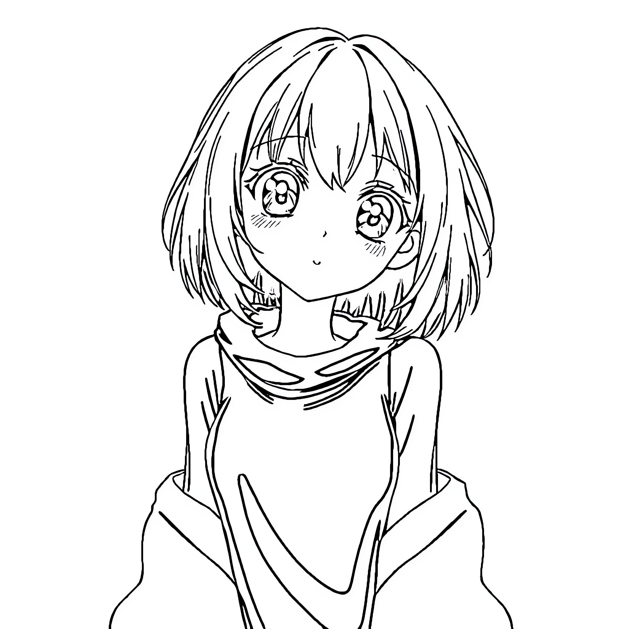 Anime Girl with Flowing Hair and Sad Expression Coloring Page (free black-and-white line drawing printable PDF for all, from beginners to advanced learners, including children, teens, adults, and seniors)