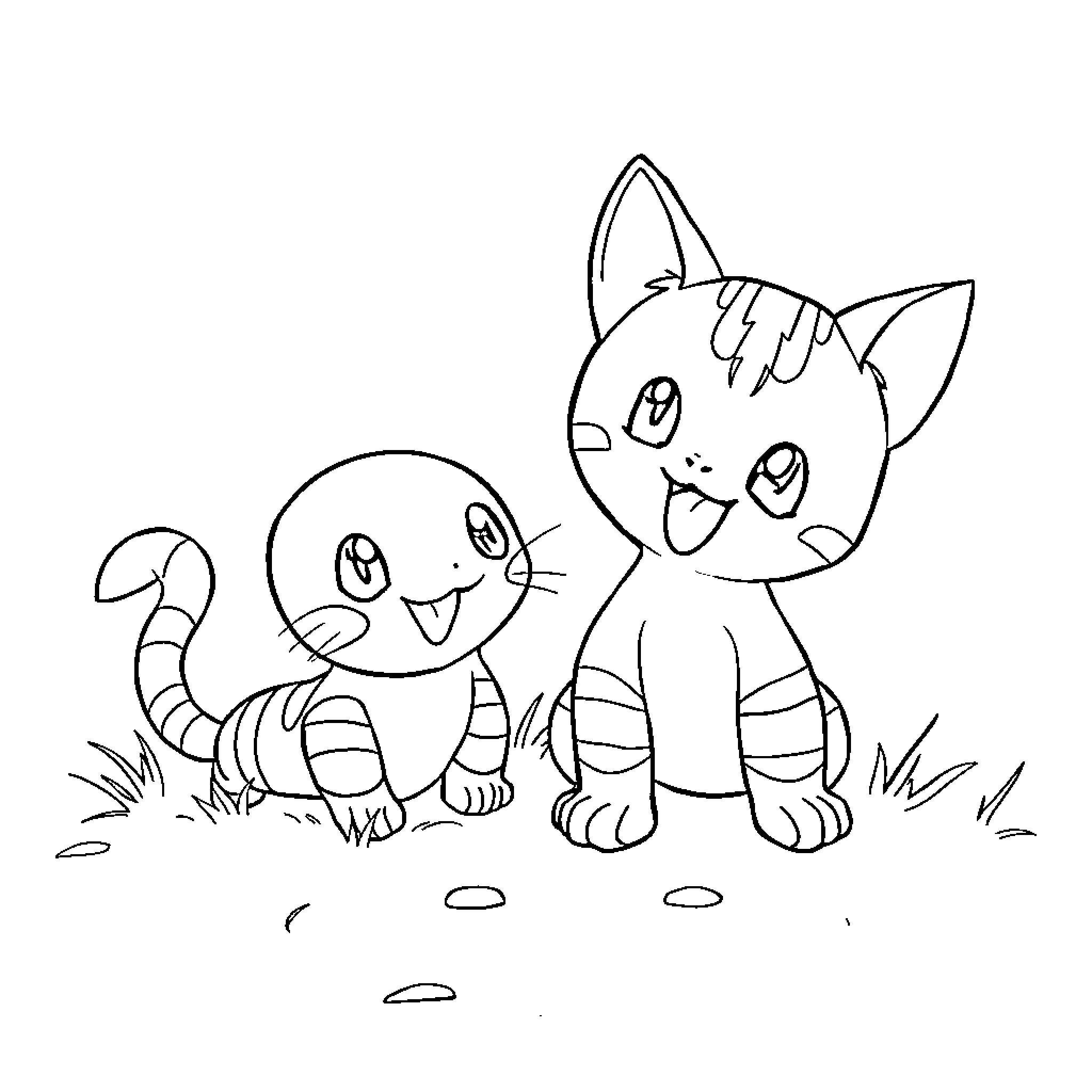 Diglet kittens playing in the grass Coloring Page (free black-and-white line drawing printable PDF for all, from beginners to advanced learners, including children, teens, adults, and seniors)